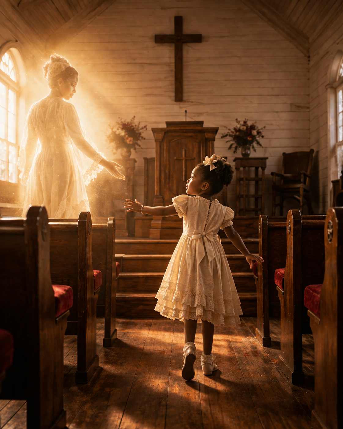 Young girl reaching out to a woman dressed in a luminous dress, inside a church with wooden pews, altar, cross, and floral arrangements in the background.