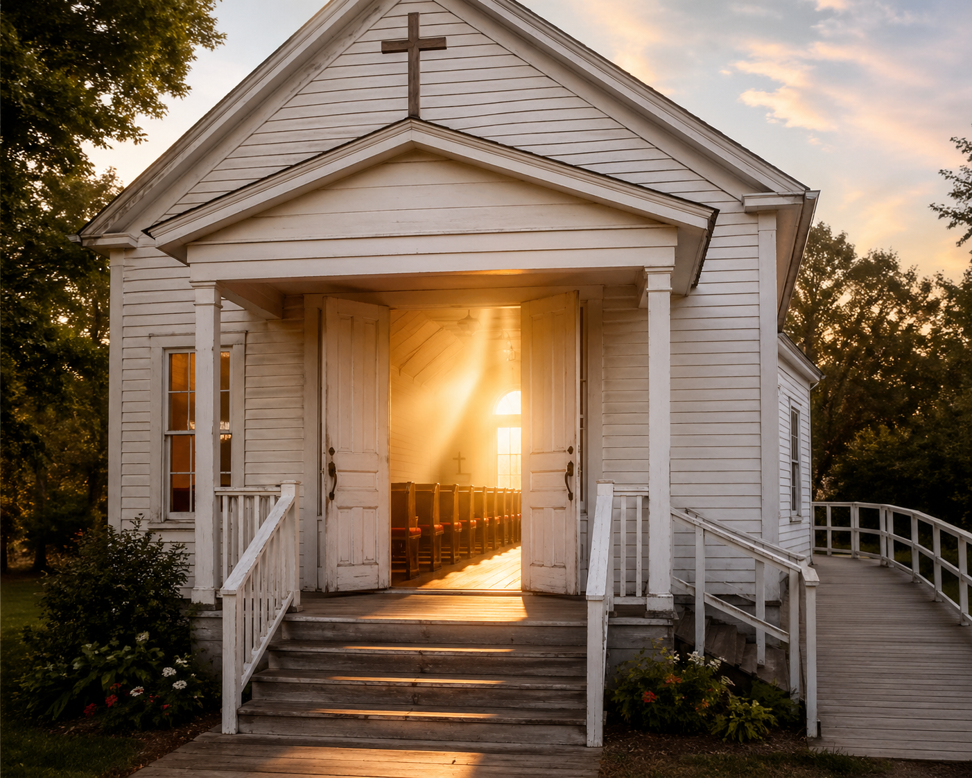 A small white church with open doors and a cross on top, sunlight streaming inside highlighting wooden pews, surrounded by trees and a ramp for accessibility.