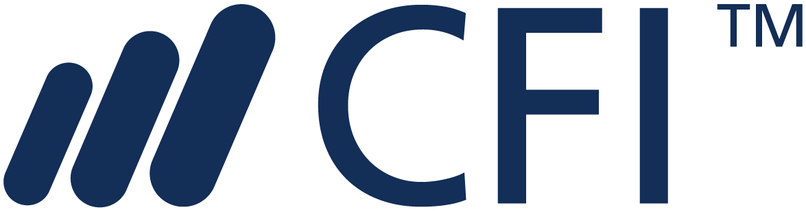 Logo with stylized blue letters spelling 'CFI' with a curved line design to the left, all in dark blue.
