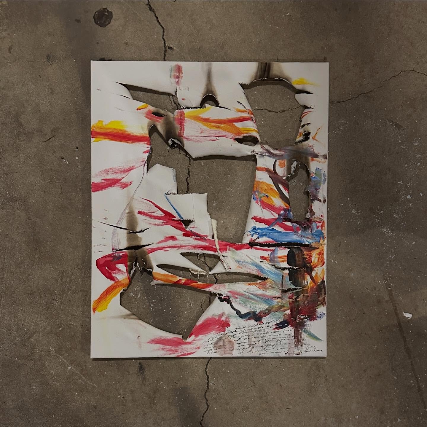 Controlled destruction. I fear the power of my emotions because I associate them negatively with [redacted] and I fear becoming them. This painting was ripped by a nail, warped and then painted over. I burned the holes, letting the flames get bigger 