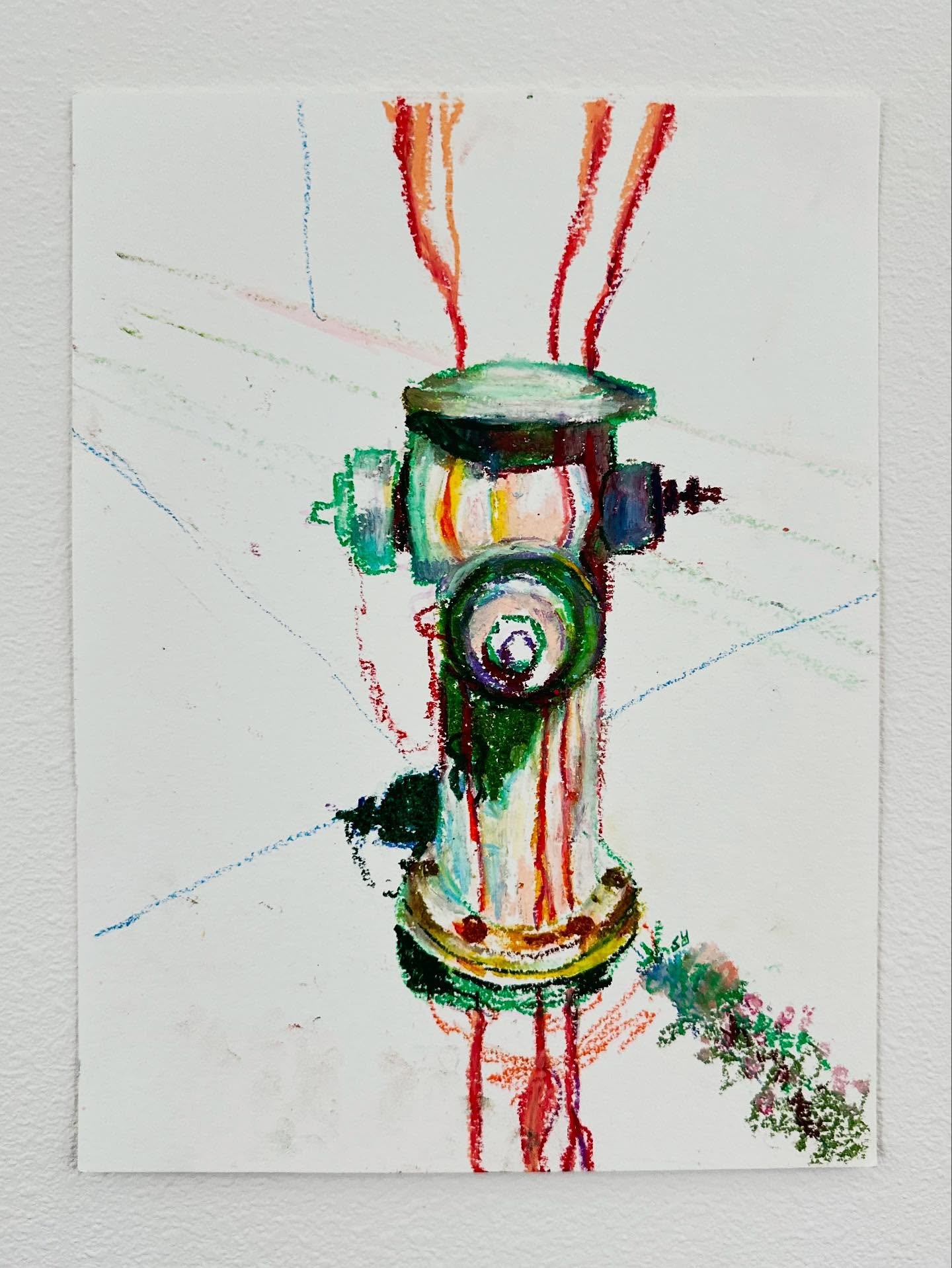 &ldquo;Rust Tears (Fire Hydrant #4, Glen Park, SF)&rdquo;
9&rdquo; x 12&rdquo;, oil pastel on watercolor paper. $150.

Description: As I move away from my original axis I find myself wobbling, compass needle in magnetic wind. Found while couch surfin