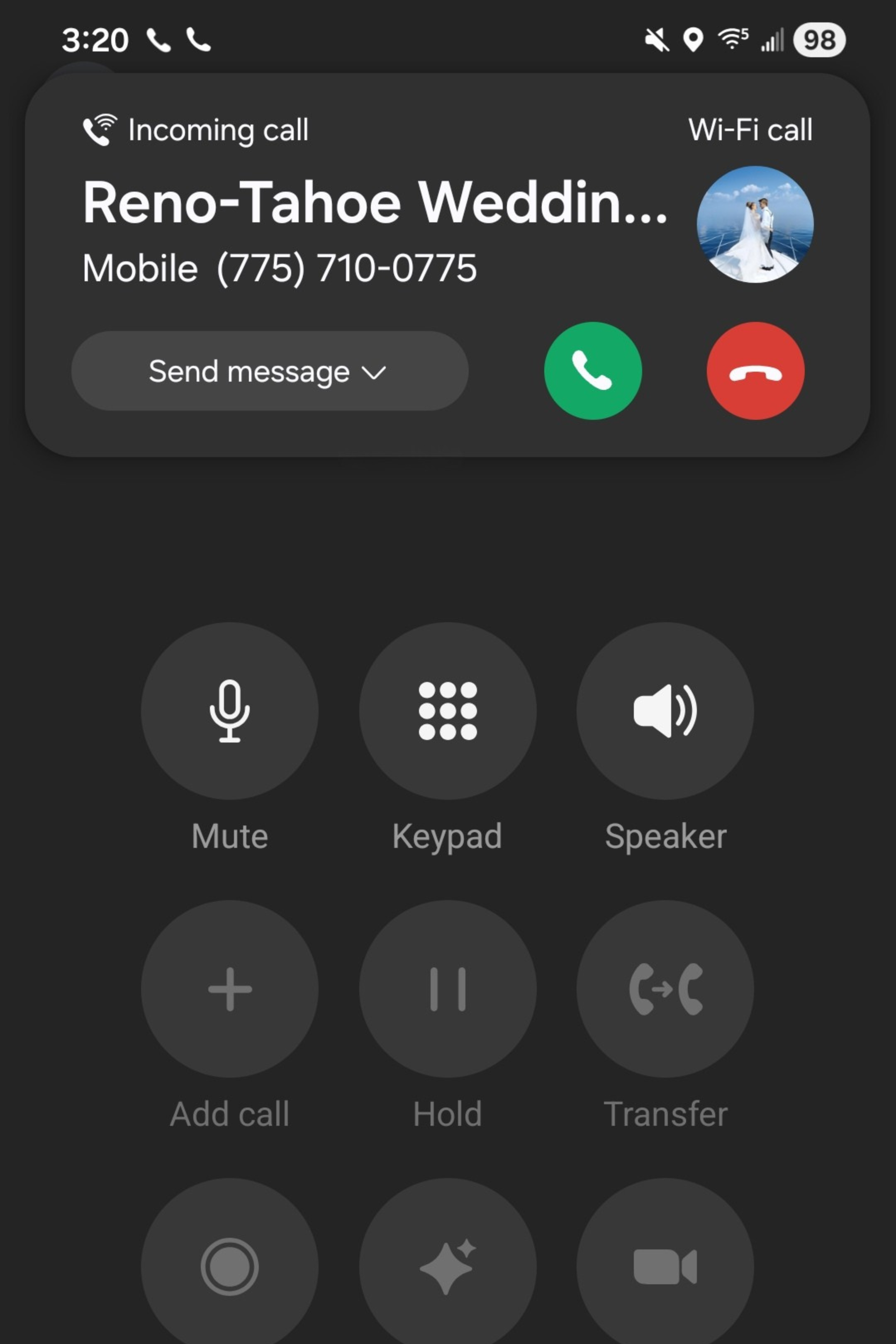 A screenshot of an incoming phone call, (775)710-0775, from Reno-Tahoe Wedding and Events, illustrating wedding and event consulting.