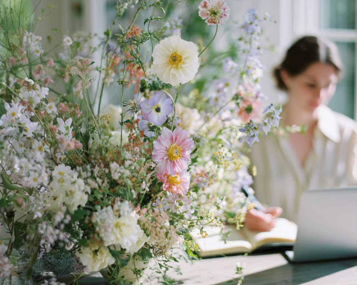 Large bouquet of pastel-colored flowers including pink, purple, white, and yellow blossoms, with a woman in the background working on a laptop and writing in a notebook.