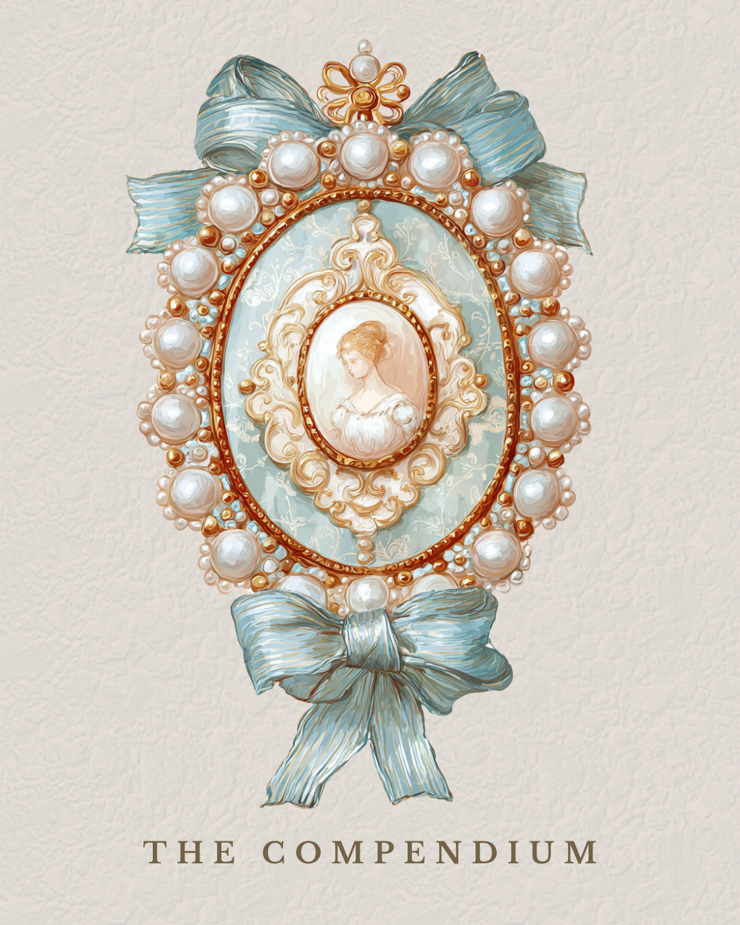 Ornate vintage brooch with pearls, ribbons, and a portrait of a woman, labeled "The Compendium"