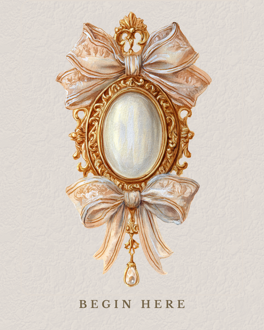 Vintage decorative mirror with ornate gold frame, pink ribbons, and a pendant, with the text 'BEGIN HERE' below.