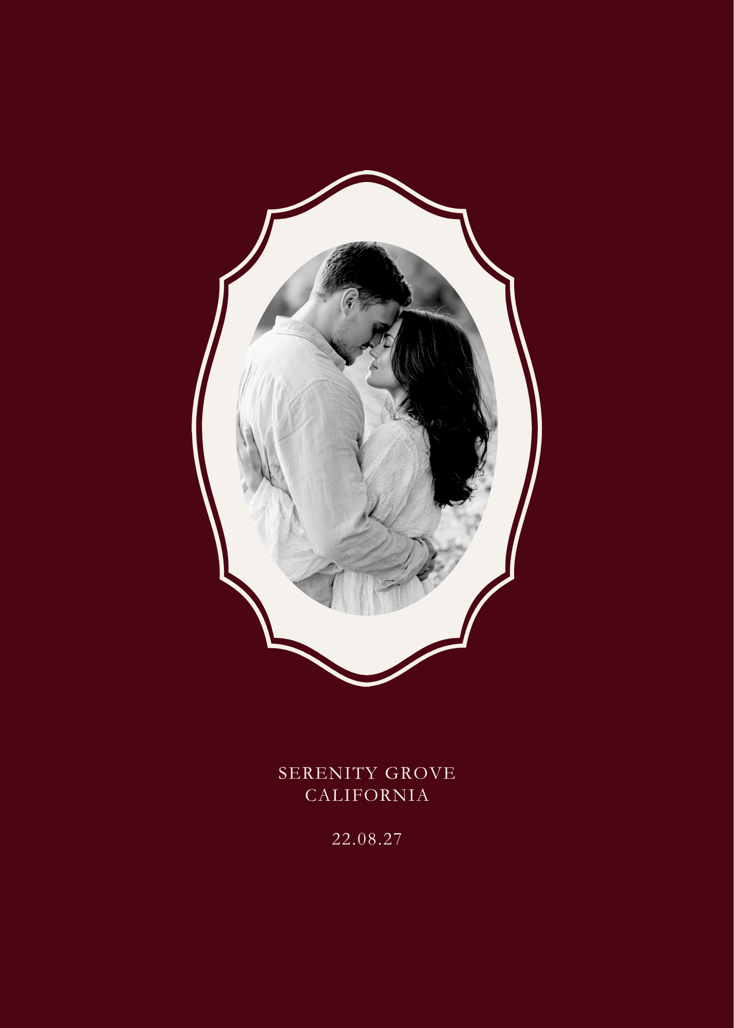 Invitation Back 5 x 7 in.png Vintage Burgundy Old Money photo card with a black and white couple photo in an ornate ivory frame, Serenity Grove, California