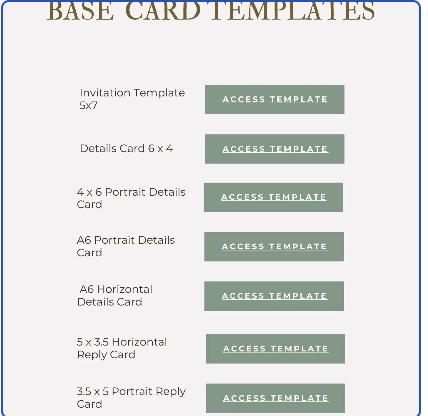 Frosted Anemone base card templates list with Access Template buttons for the 5x7 invitation, 6x4 and 4x6 details cards, A6 details cards, and 5x3.5 and 3.5x5 reply cards