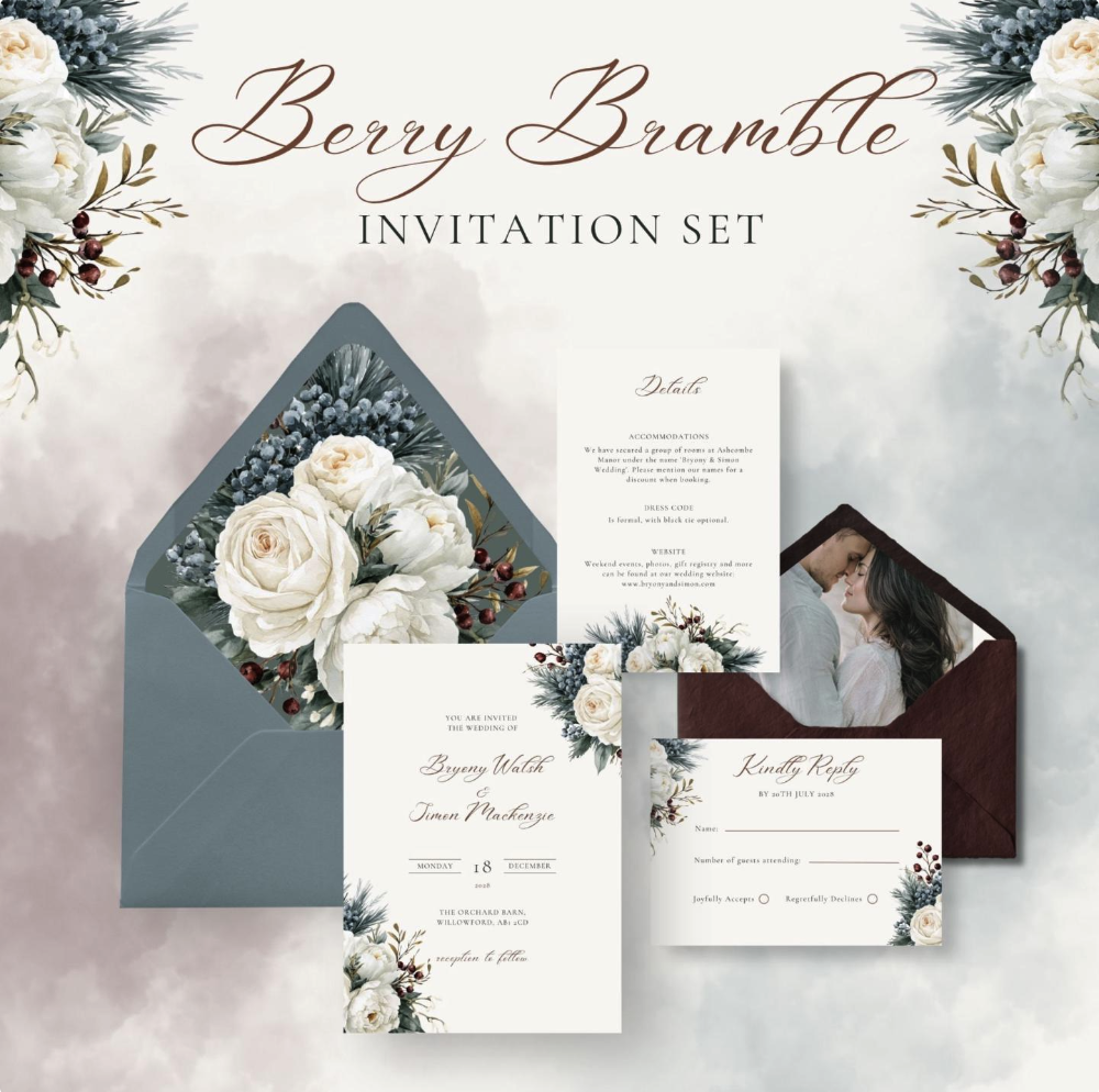 Berry Bramble wedding invitation set: invitation for Bryony Walsh and Simon Mackenzie, details card and Kindly Reply RSVP card decorated with white roses, winter greenery and red berries, shown with a