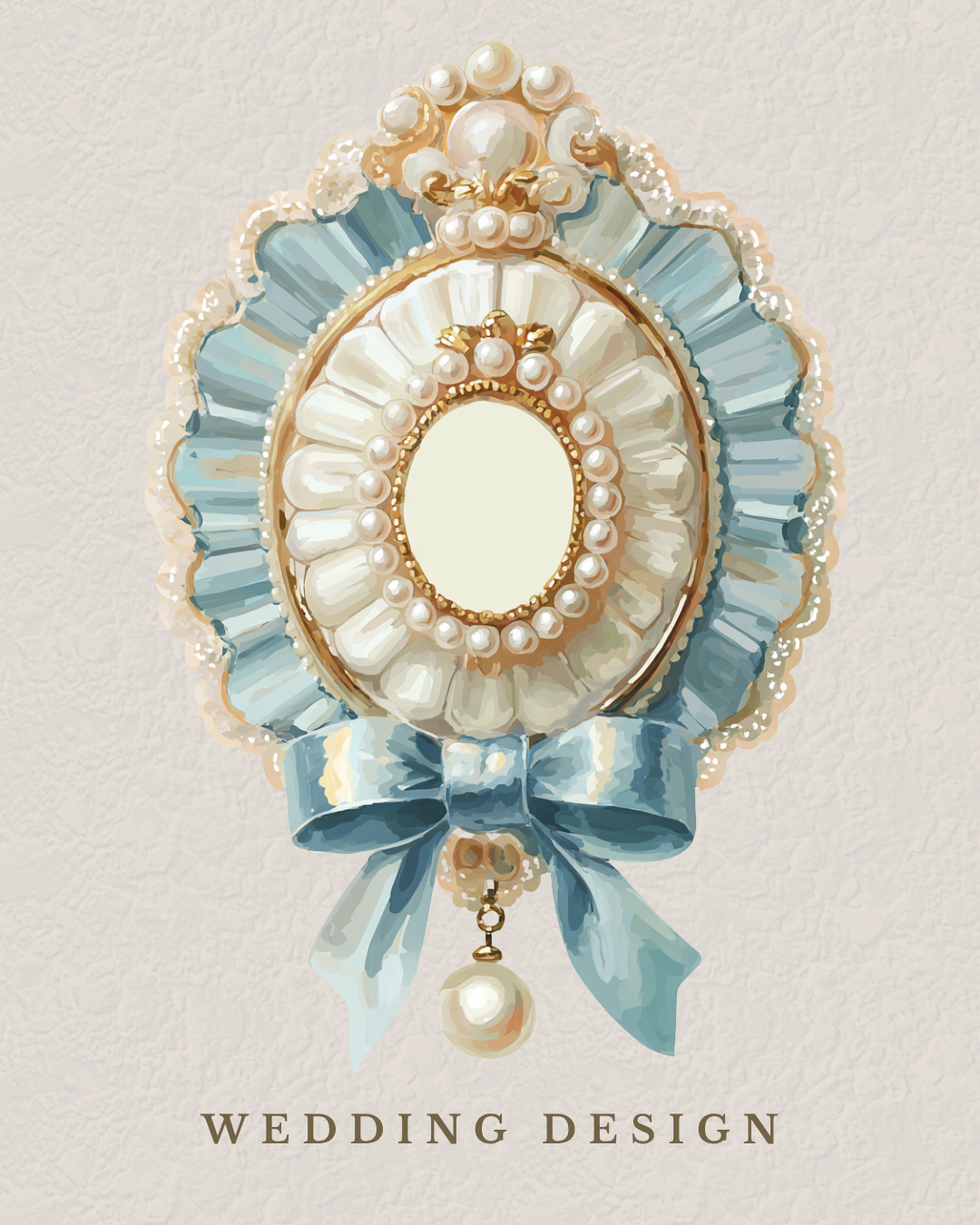 Ornate wedding mirror with pearl and gold embellishments, blue satin bow, and a hanging pearl charm, with 'Wedding Design' text at the bottom.