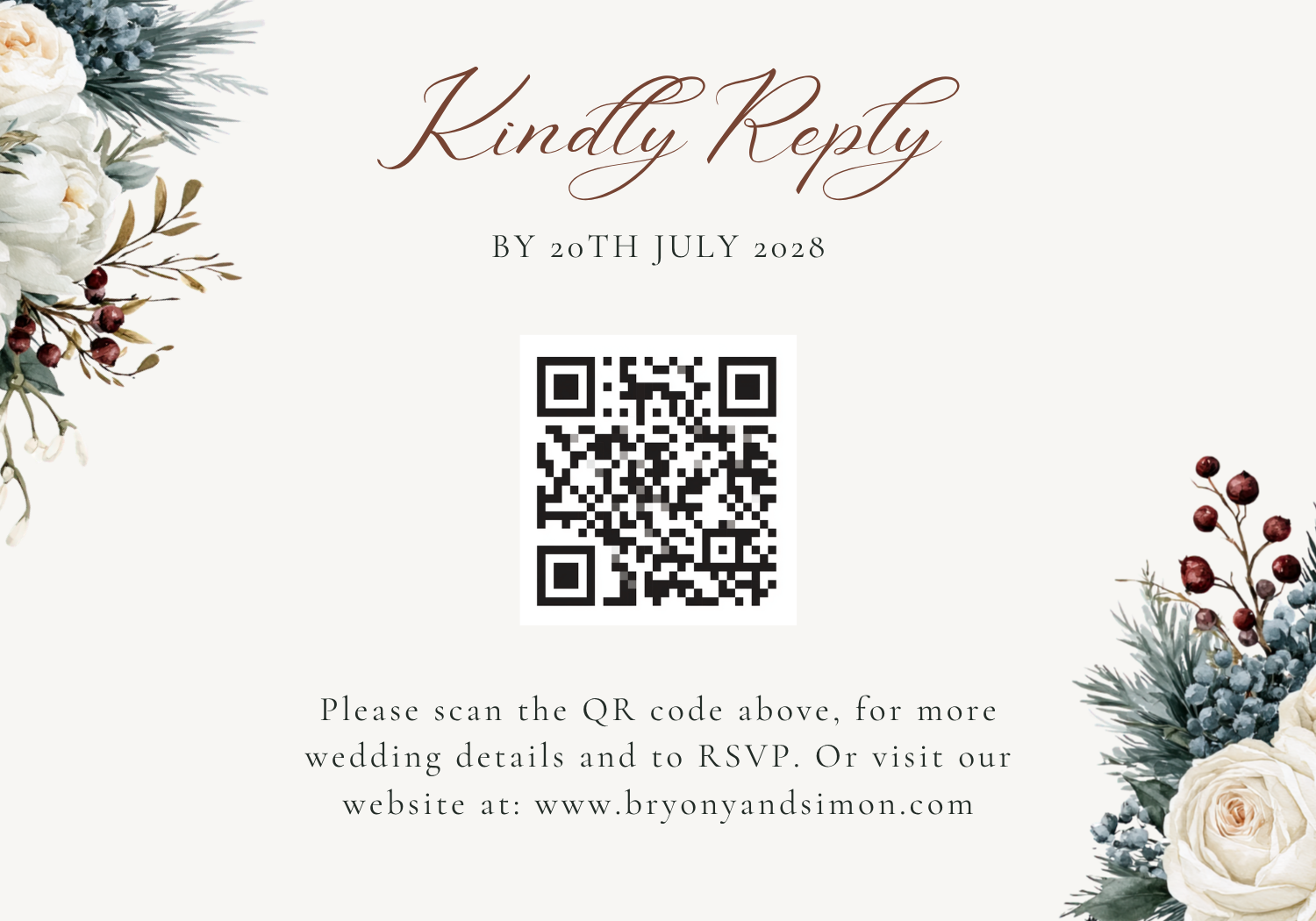 RSVP QR Code Option 3.5 x 5 in.png Berry Bramble Kindly Reply card with a QR code for guests to RSVP and find wedding details online