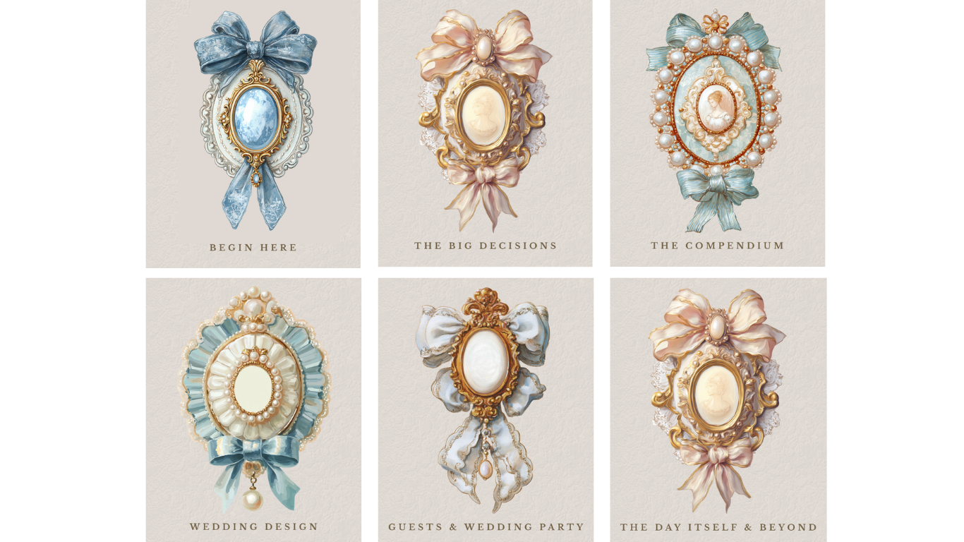 Six decorative vintage mirrors with ornate frames and bows, arranged in two rows. The top row from left to right: a mirror with a blue bow titled "Begin Here," a gold and cream mirror with a large cameo titled "The Big Decisions," a pearl-bordered mirror with a blue bow titled "The Compendium." The bottom row from left to right: a pearl and blue bow mirror titled "Wedding Design," a gold and white mirror with bows titled "Guests & Wedding Party," and a pastel pink bow mirror titled "The Day Itself & Beyond."