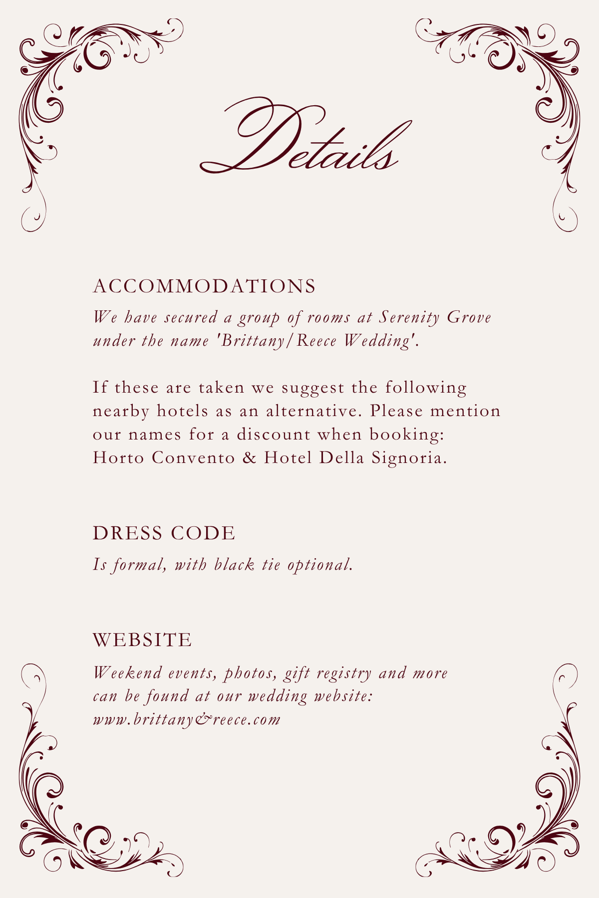 Details Card 4 x 6 in.png Vintage Burgundy Old Money details card with accommodations, dress code and wedding website