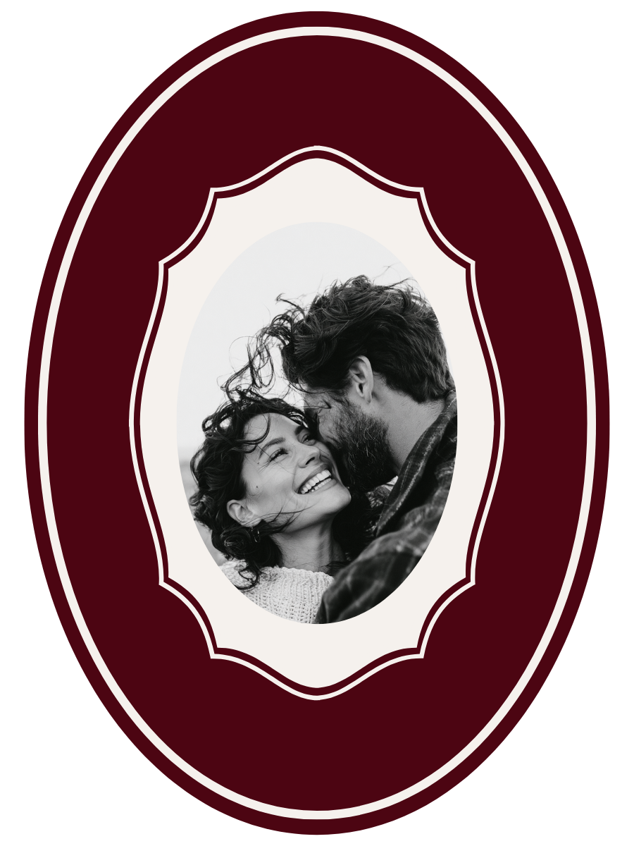 Tag Front 3 x 4 in.png Vintage Burgundy Old Money oval photo card with a black and white couple photo in an ivory frame on deep burgundy