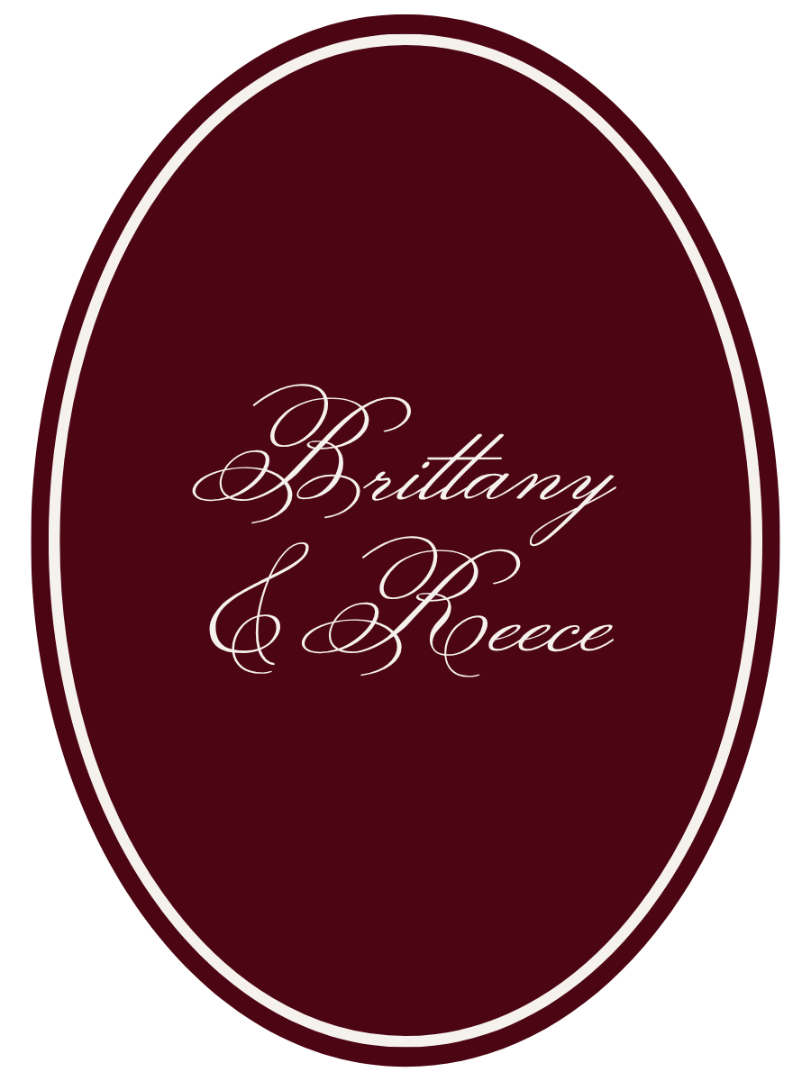 Tag Back 3 x 4 in.png Vintage Burgundy Old Money oval card with "Brittany and Reece" in ivory script on deep burgundy