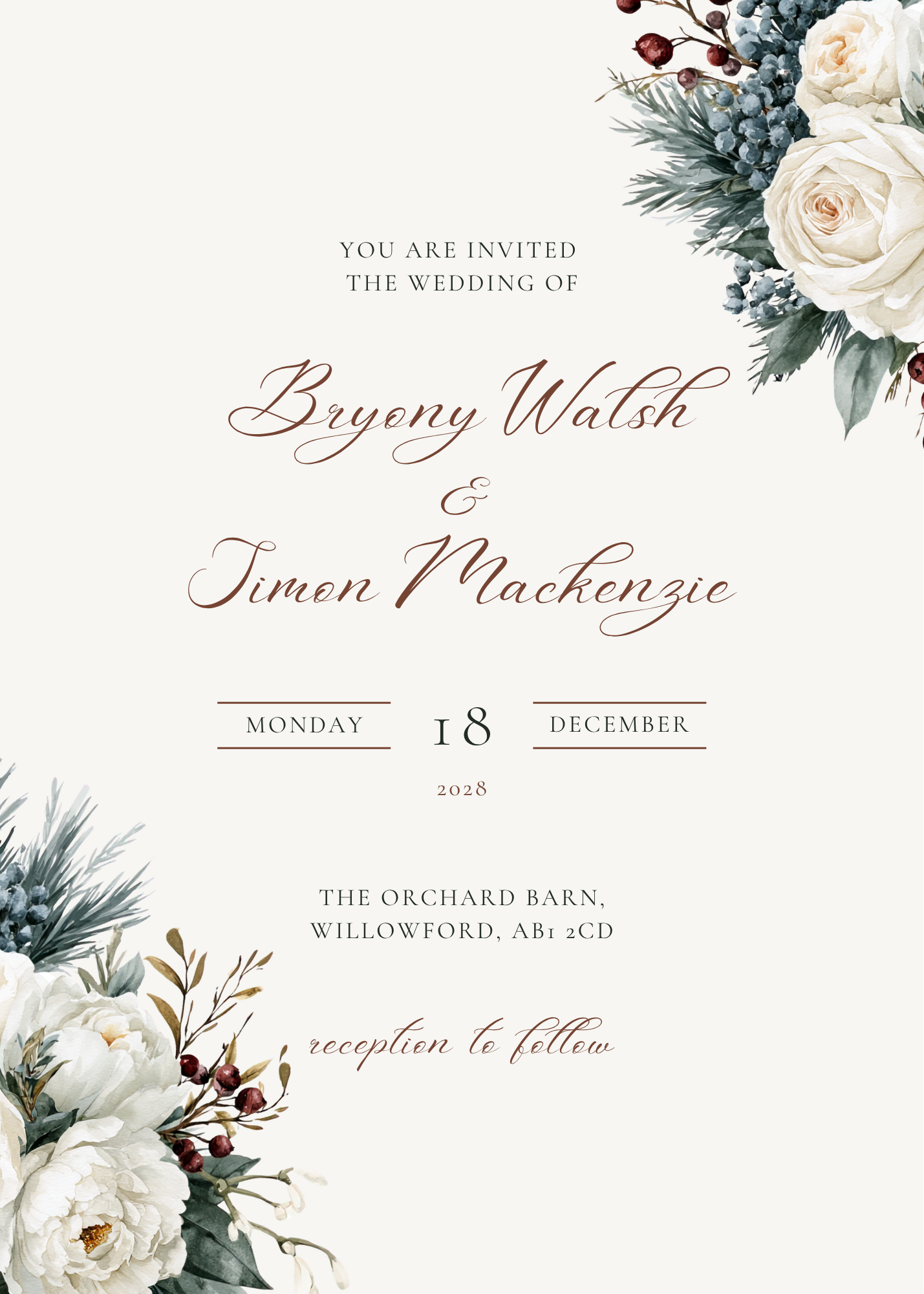 Berry Bramble details card with ceremony, reception and accommodation information, finished with white roses and red berries