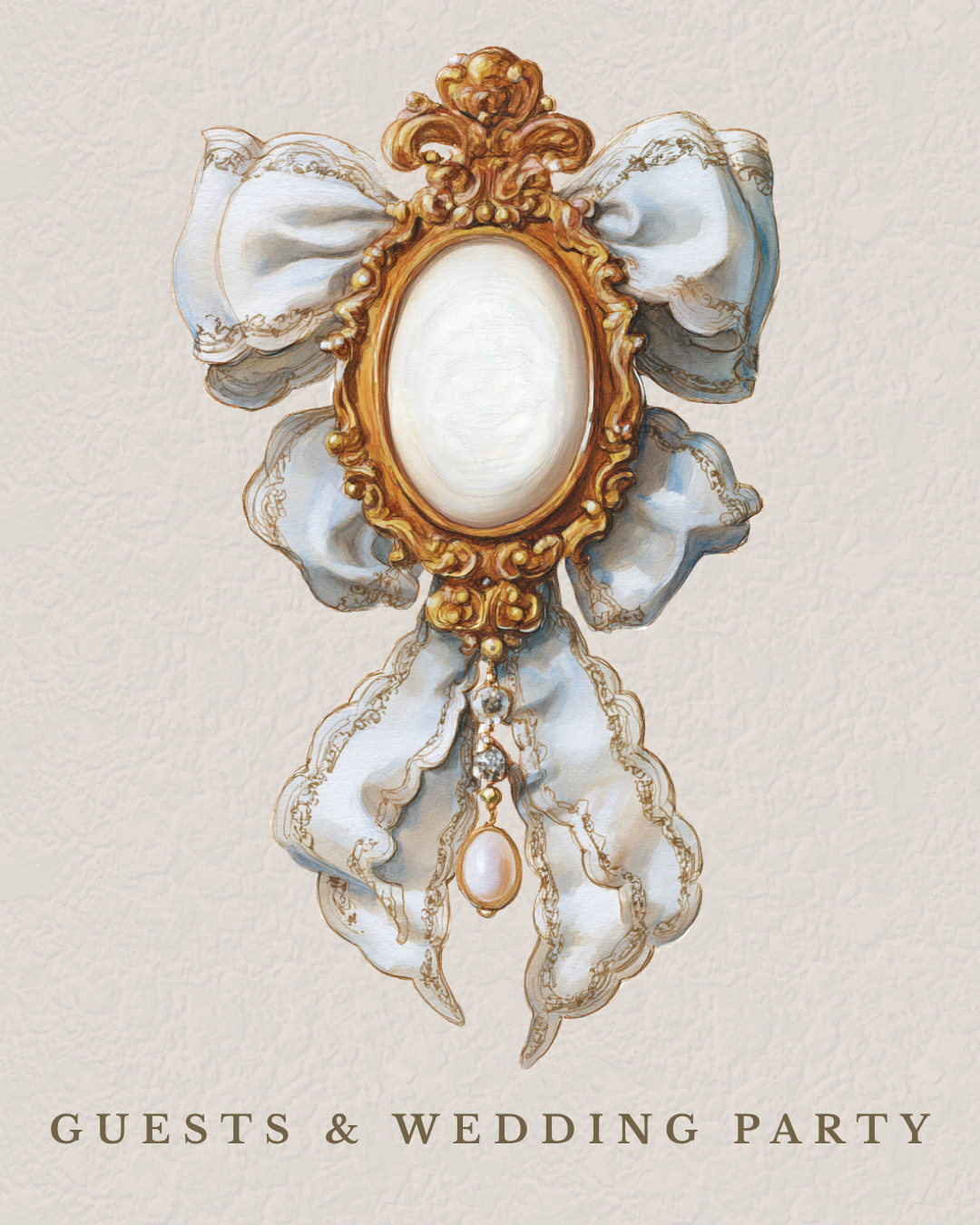 Elegant vintage-style portrait frame with blue ribbon and pearl pendant, with text "Guests & Wedding Party" at the bottom.