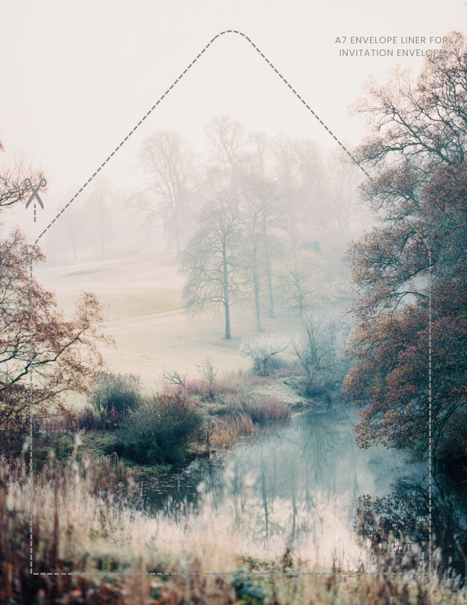 Invitation Envelope Liner A7 Size.png Frosted Anemone invitation envelope liner with a misty photograph of a frosted countryside lake and bare winter trees