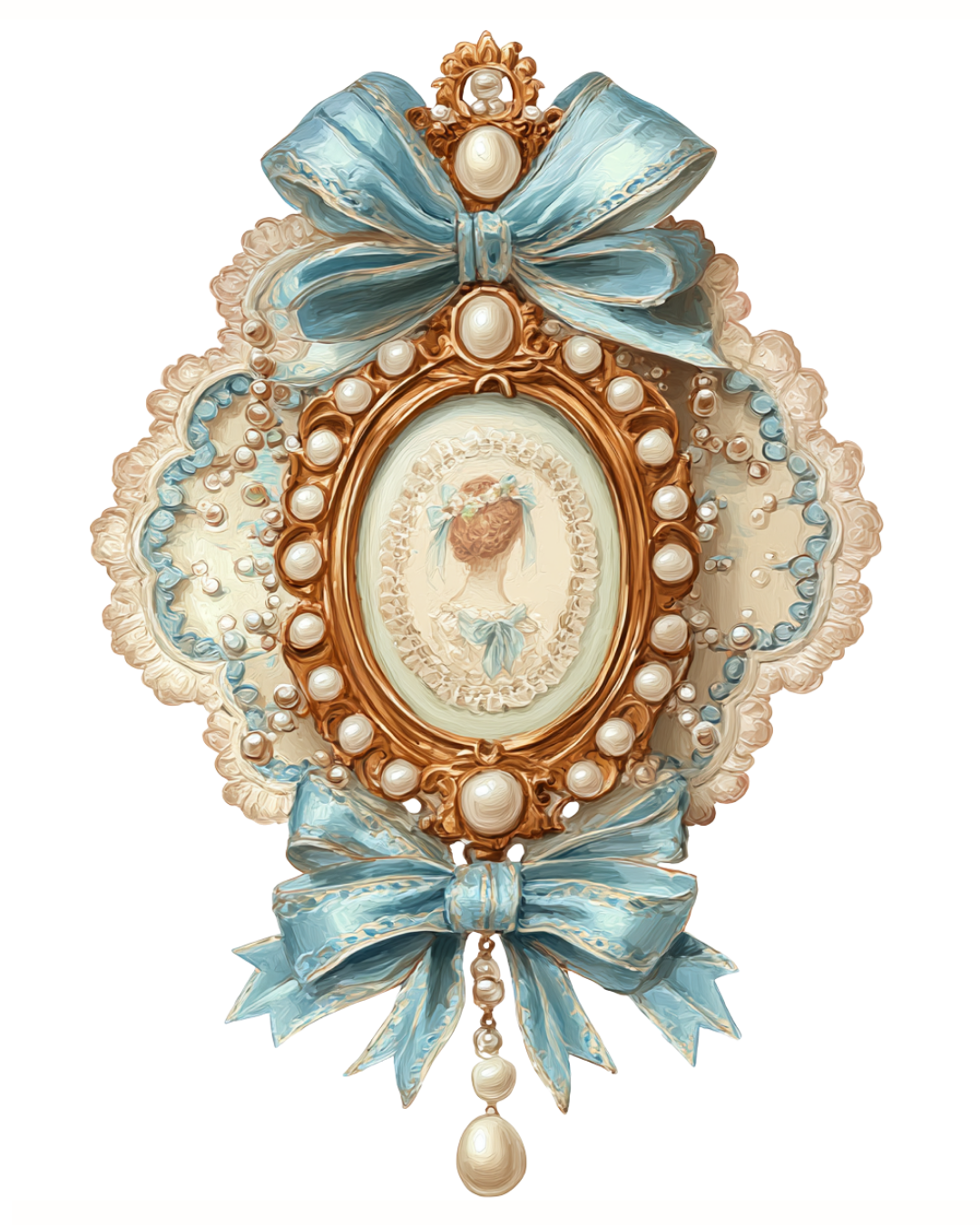 Decorative vintage-style pendant with a portrait of a woman, pearl accents, and blue satin ribbons.