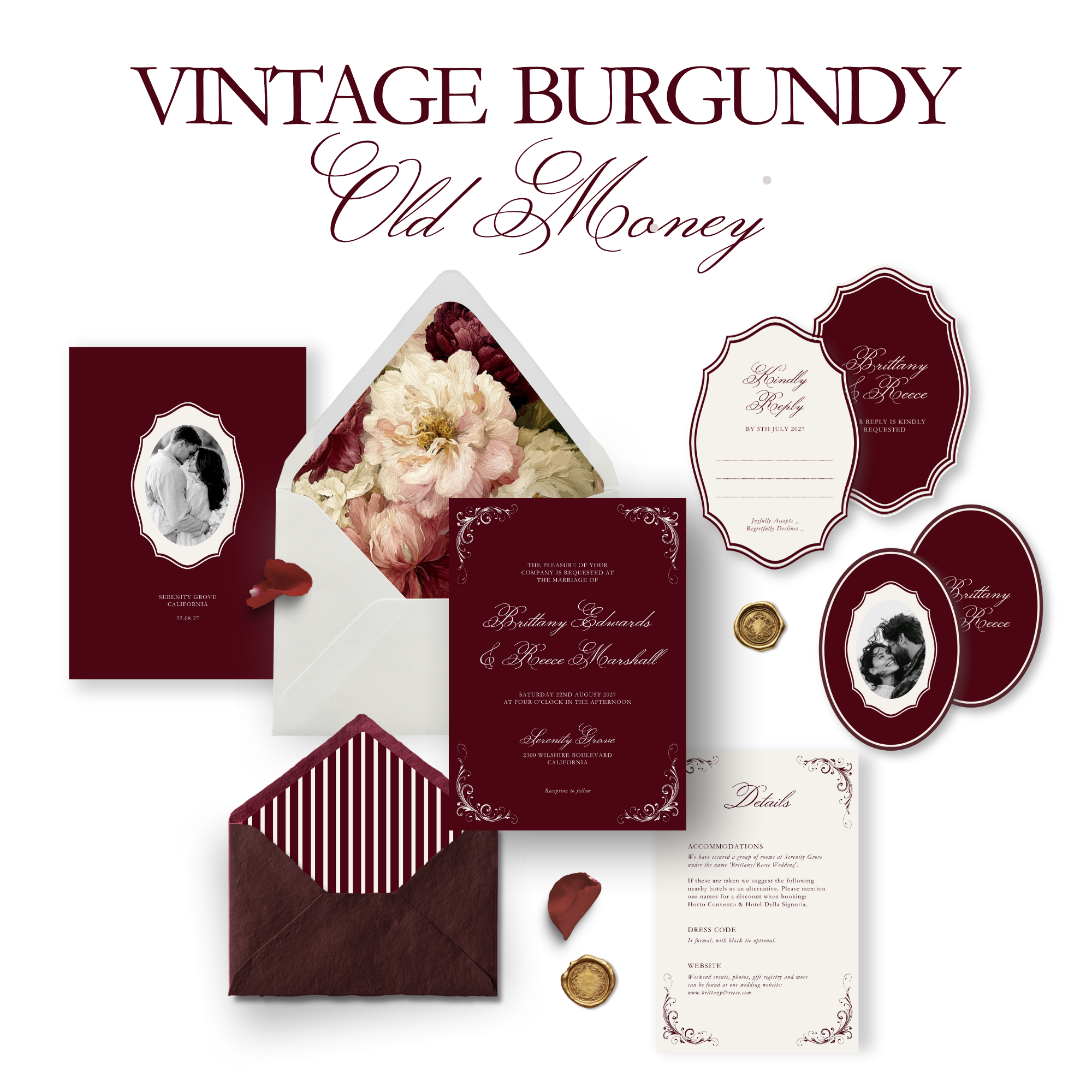 Vintage Burgundy Wedding Invitation Suite