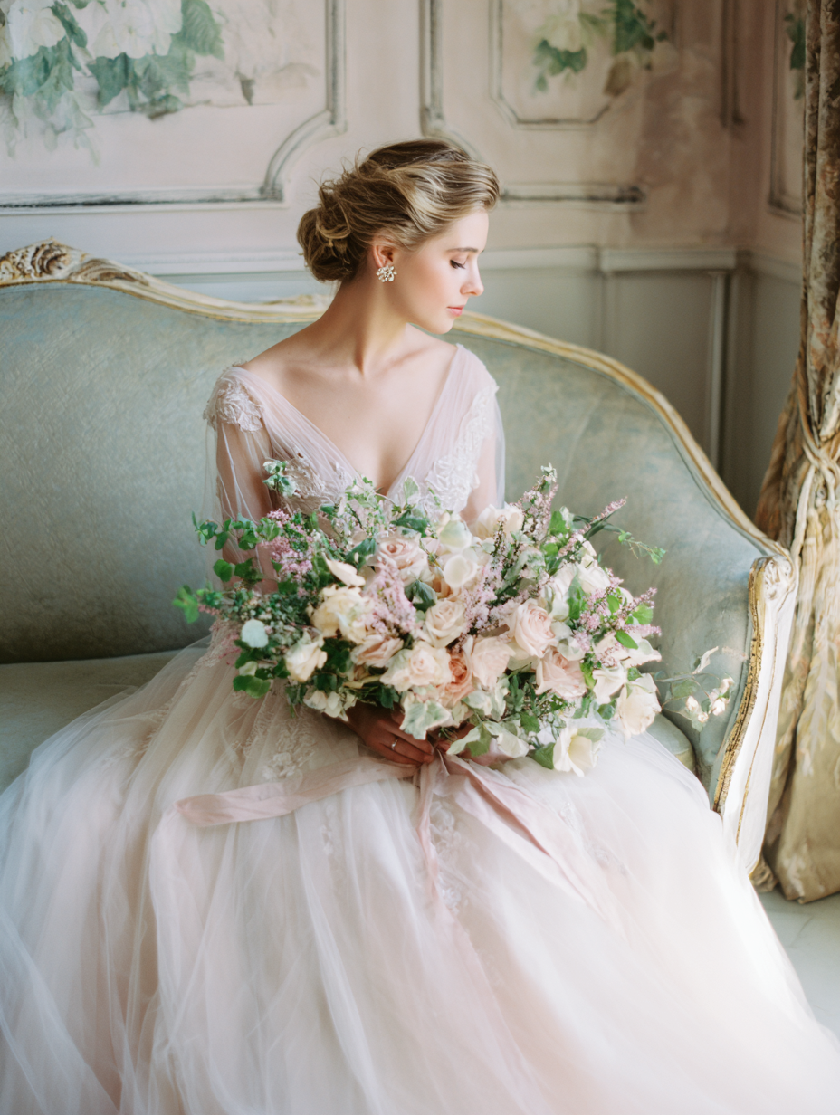 A bride sitting on a vintage sofa holding a large bouquet of pink and white flowers, wearing a lace wedding dress with a plunging neckline and floral earrings, in a decorated room with floral wall art.
