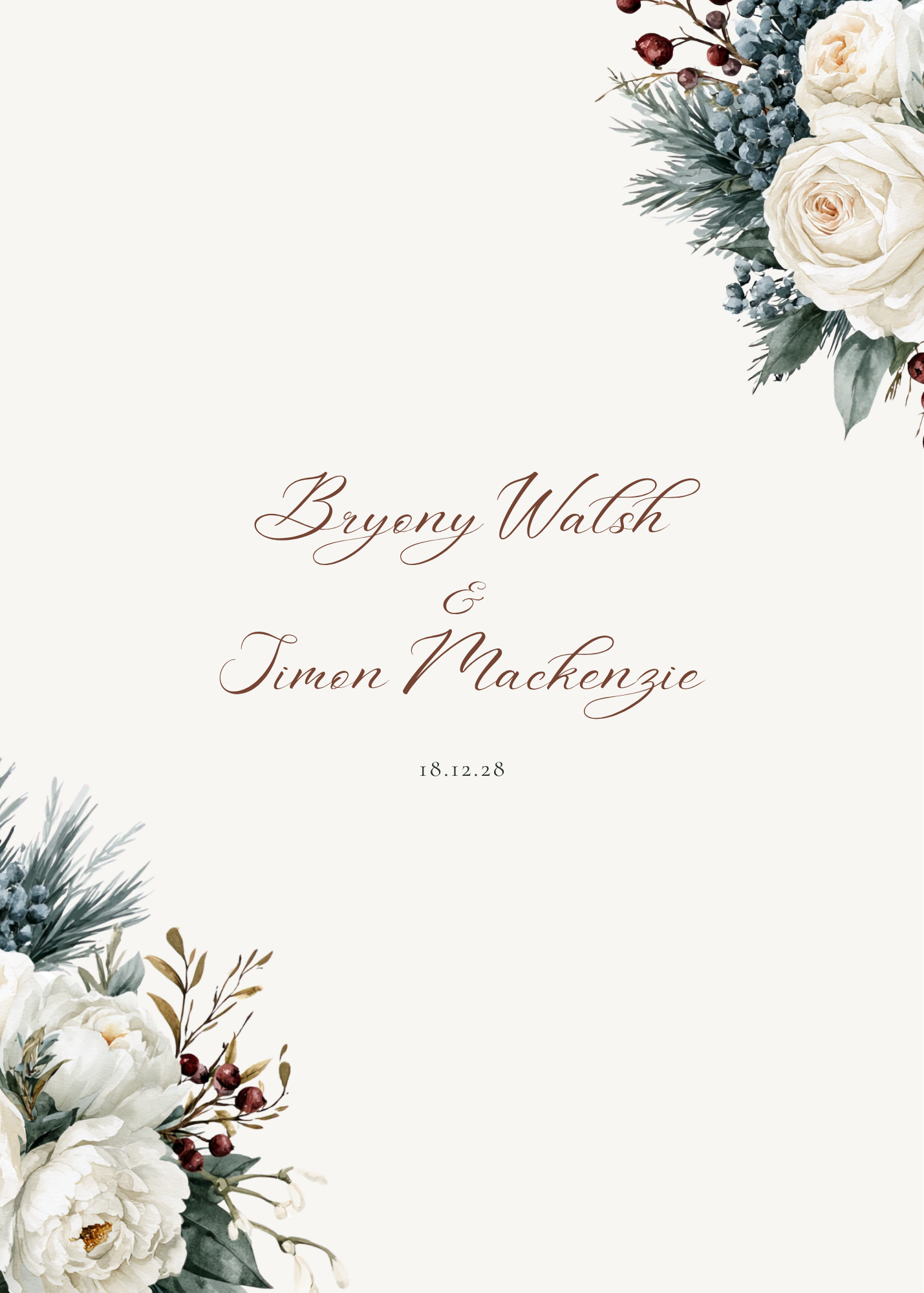 Invitation Back 5 x 7 in.png Berry Bramble invitation back with white roses and winter greenery in the corners