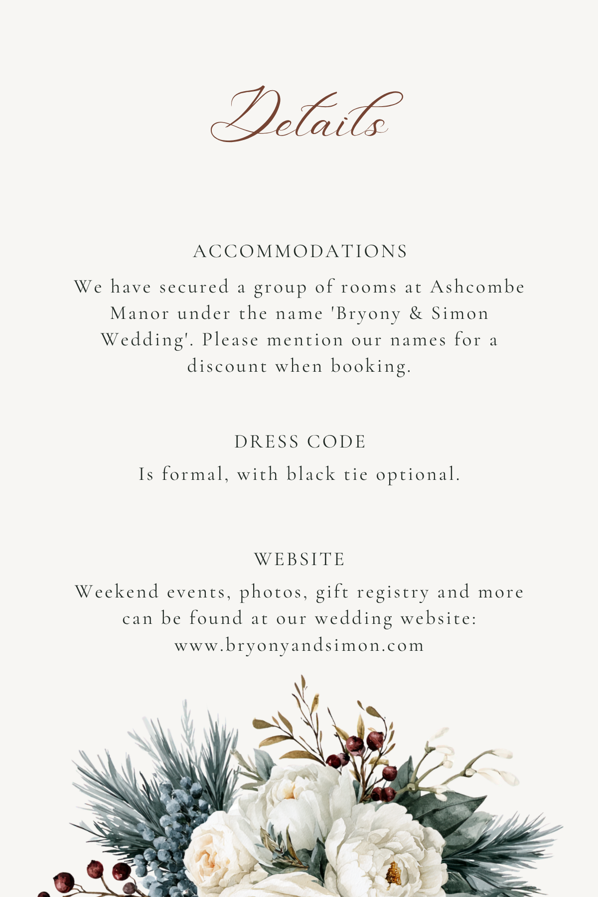 Details Card 4 x 6 in.png Berry Bramble wedding invitation with white roses, dark winter greenery and red berries framing the couple's names in script