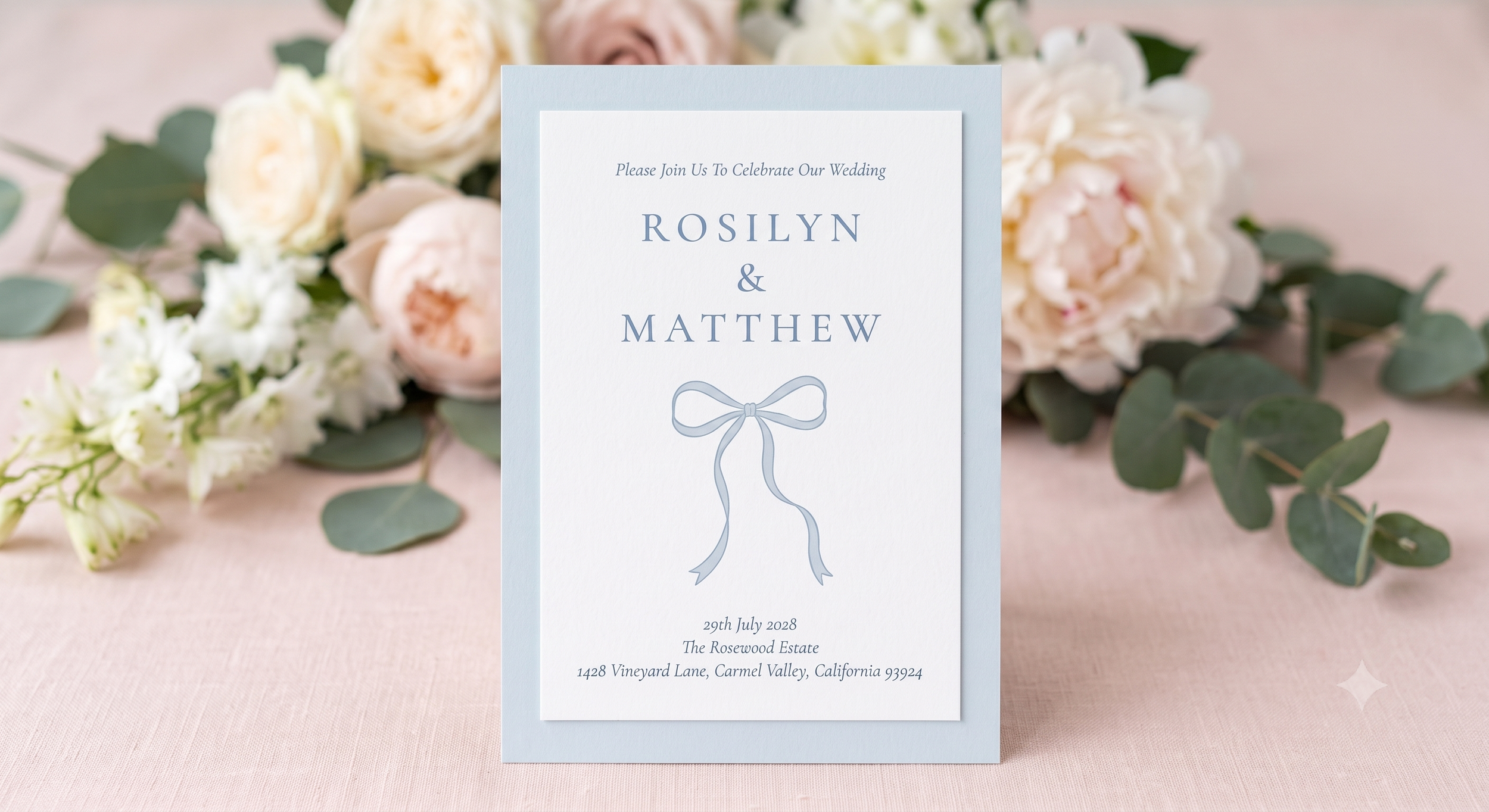 The Blue Bow Wedding Invitation, Itinerary Card and RSVP Card Template