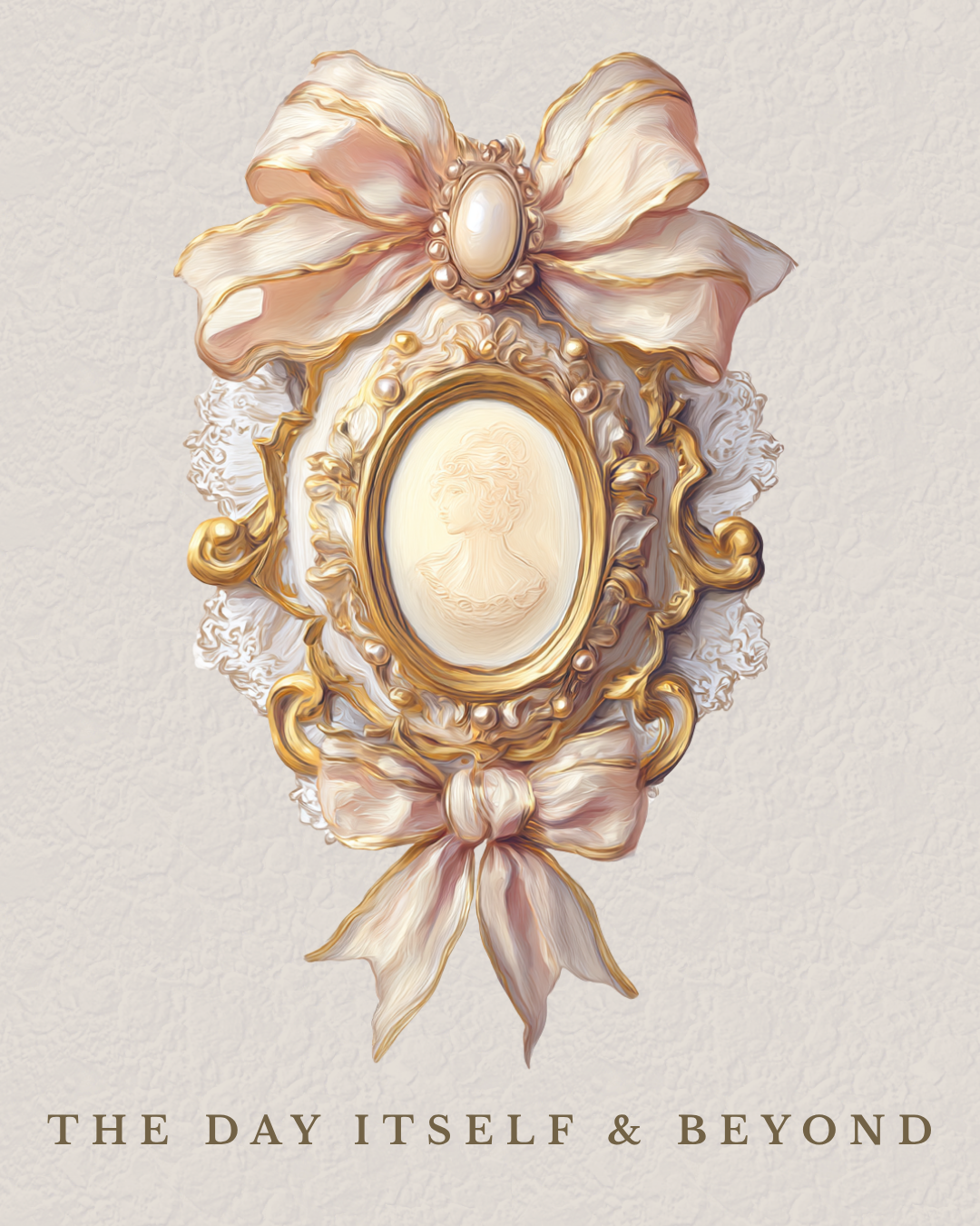 An ornate vintage cameo brooch featuring a carved profile of a woman set in a gold frame, decorated with a large ribbon and bow embellishments, with the text "The Day Itself & Beyond" at the bottom.