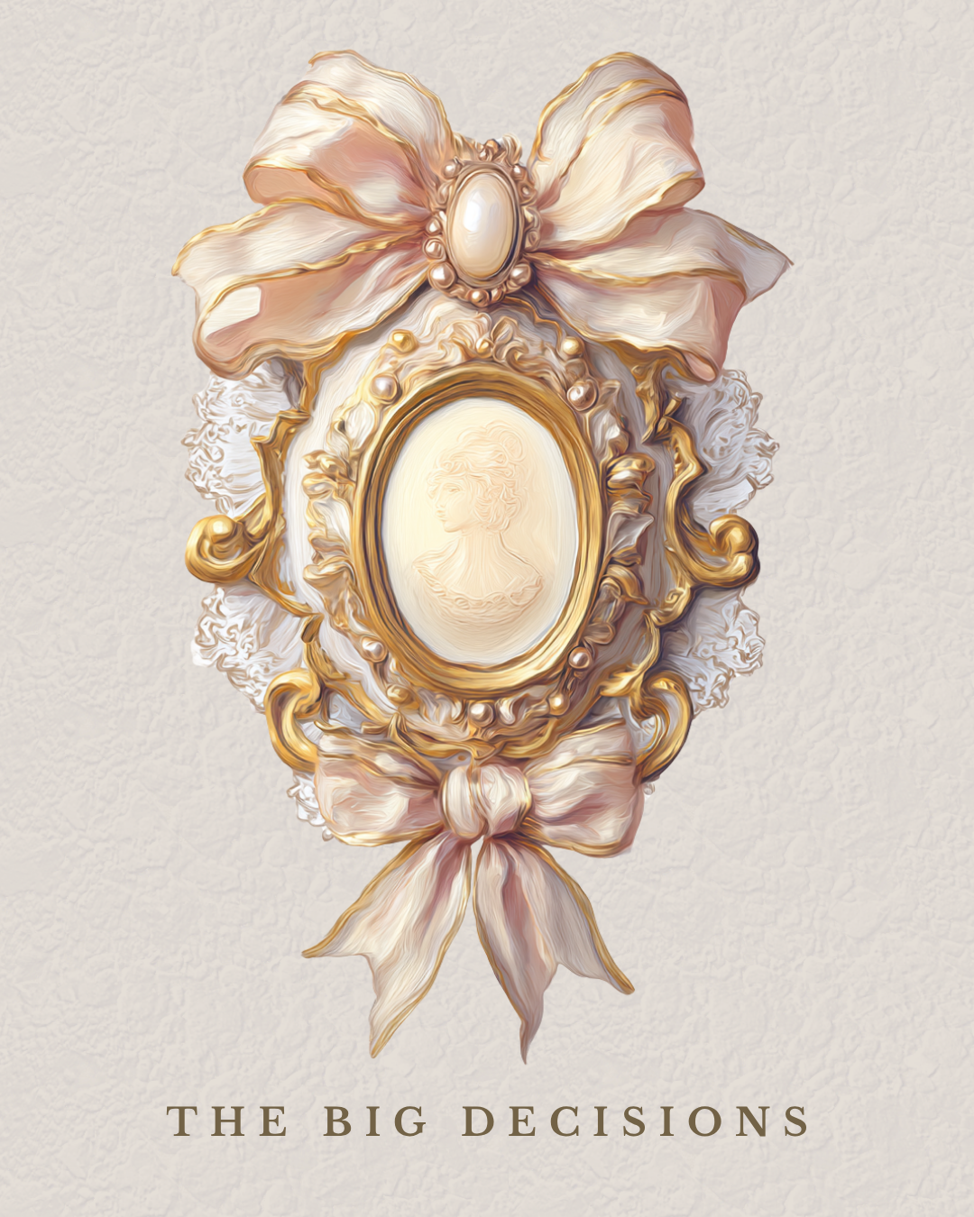 Ornate vintage jewelry with a cameo portrait framed by pink and gold ribbon and bows, labeled "The Big Decisions."