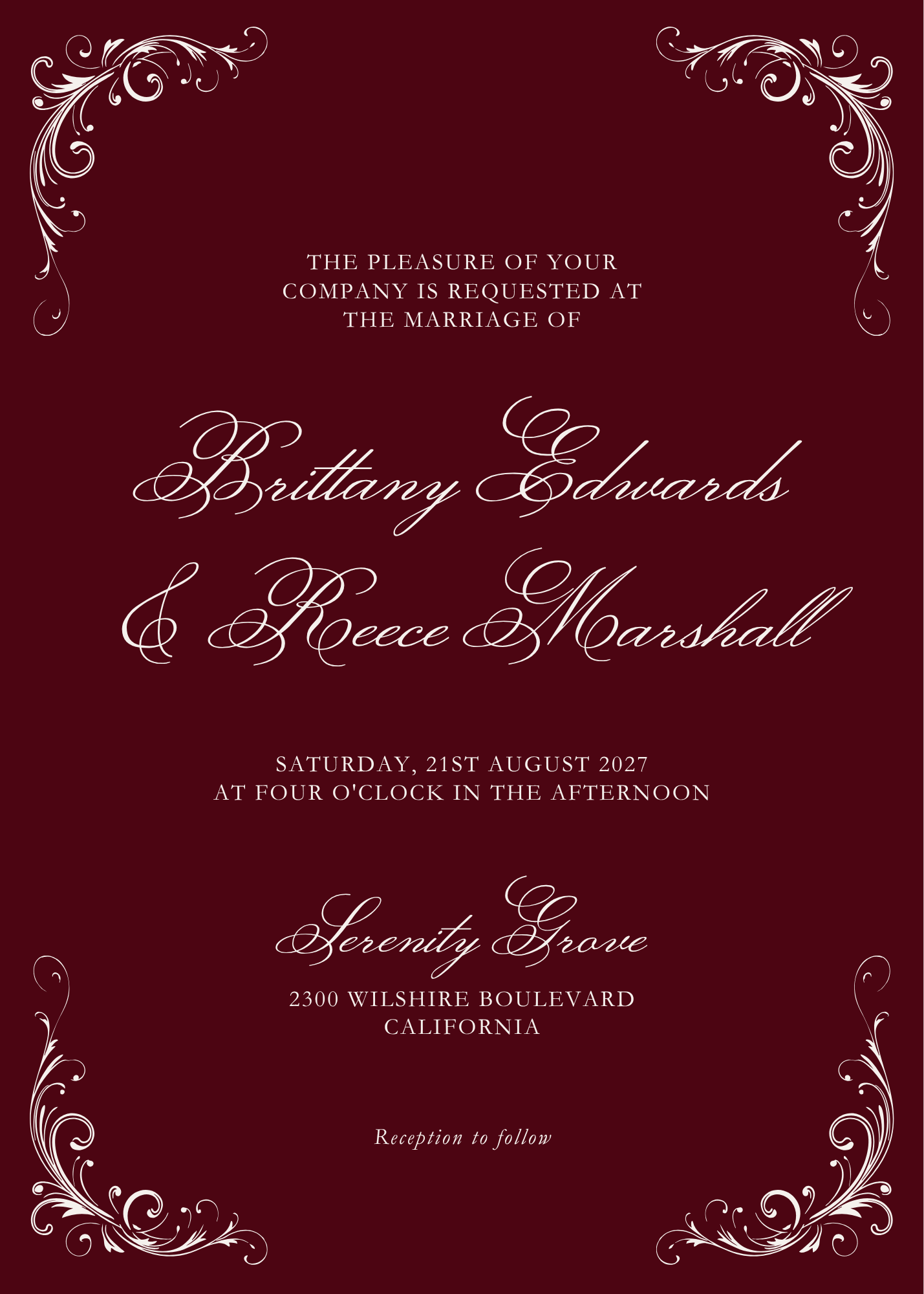 Invitation 5 x 7 in.png Vintage Burgundy Old Money wedding invitation for Brittany Edwards and Reece Marshall, Saturday 21st August 2027 at Serenity Grove, California, in ivory script on deep burgundy
