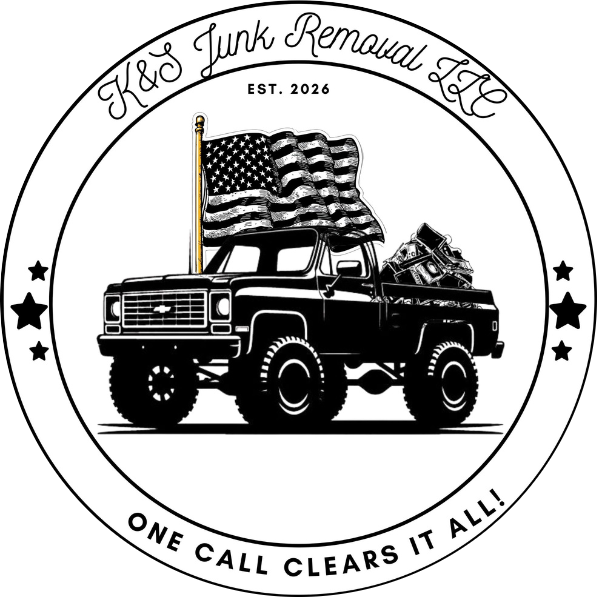 Logo for H&L Junk Removal LLC featuring a black pickup truck with an American flag and a radio on its bed, circular design with stars, and the phrases 'EST. 2026,' 'One call clears it all!'