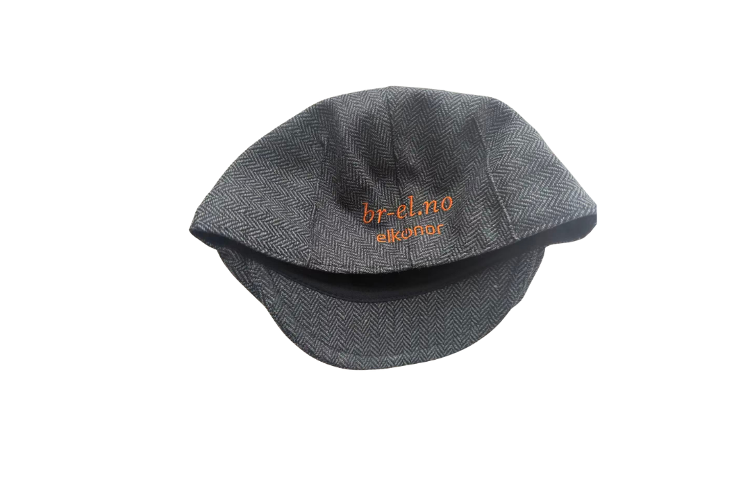 Grå tweed flat caps with orange tekst som sier 'br-el.no' og 'elkonor'