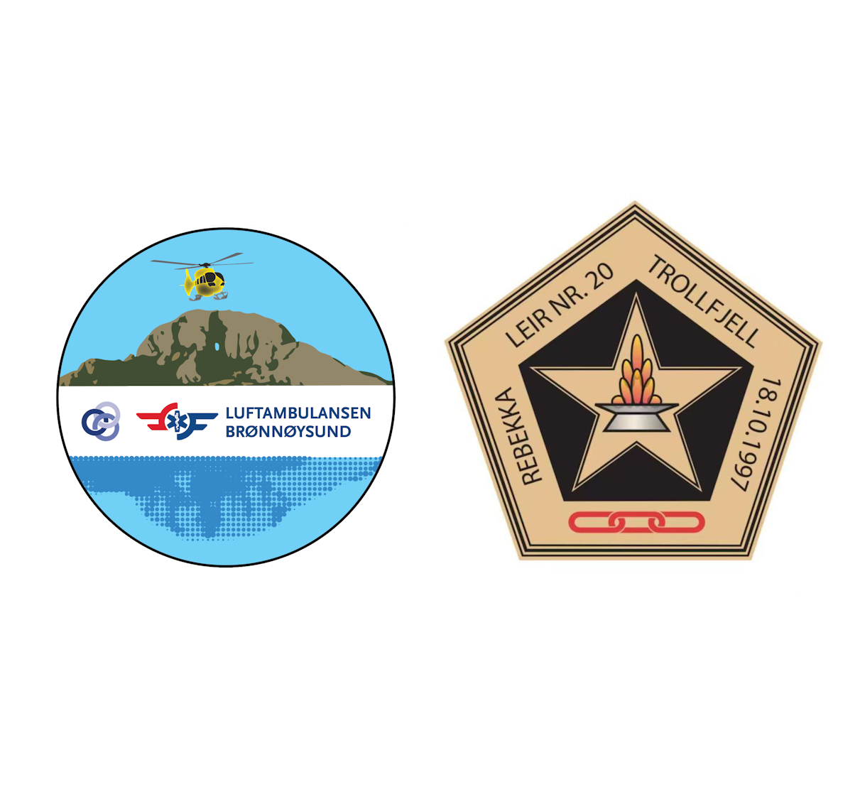 To militære emblemer, den venstre er for Luftambulansen Brønnsund med et fjell og helikopter, den høyre er en emblem for Troll Fjell med en stjerne og et flammende sverd.
