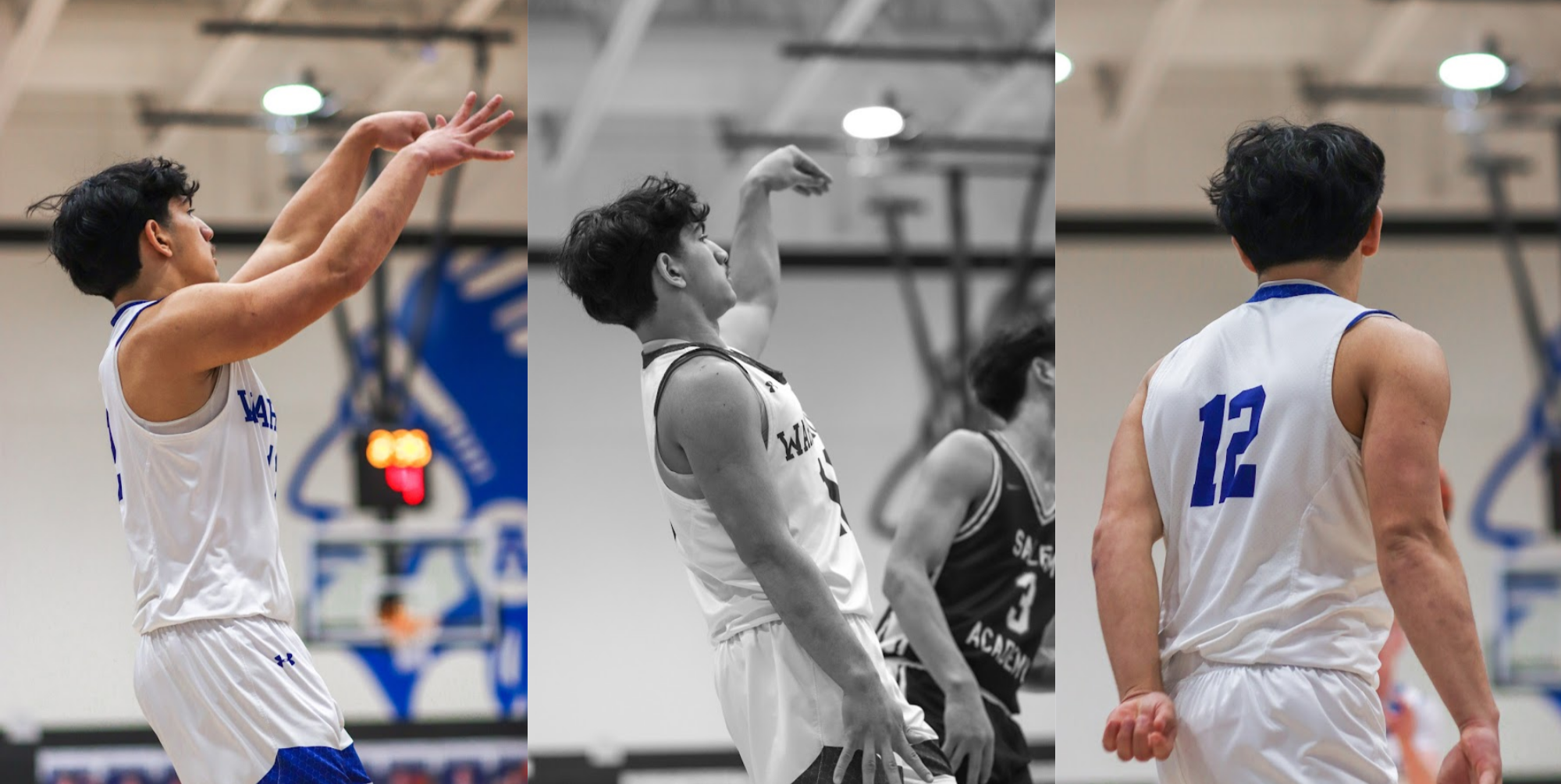 High school basketball player attempting a three point shot during a competitive basketball game in Oregon.