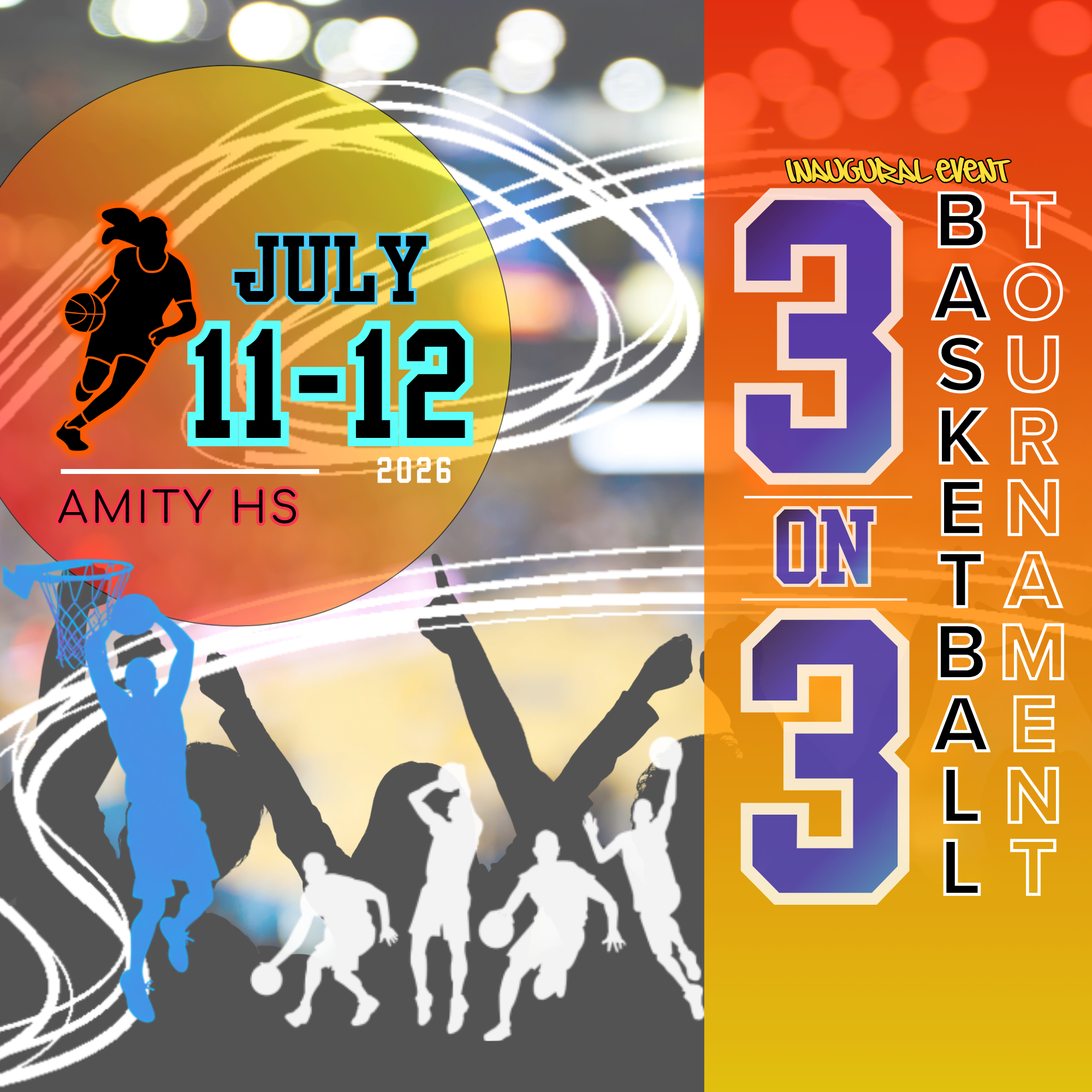 A graphic design celebrating an upcoming basketball game on July 11-12, 2026, with silhouettes of basketball players jumping for a ball, colorful patterned backgrounds, and text indicating an inaugural event and various team abbreviations.