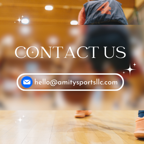 Contact us page with email contact info for amity sports LLC, featuring blurred background of people in a gym or sports facility.