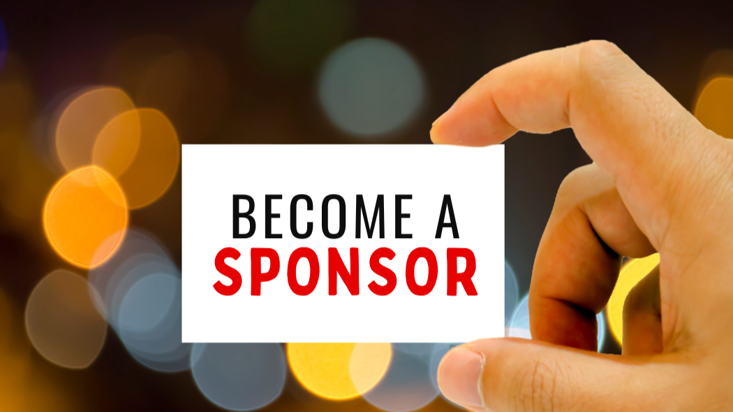 A close-up of a hand holding a white card that says "Become a Sponsor" with a blurred background of colorful bokeh lights.