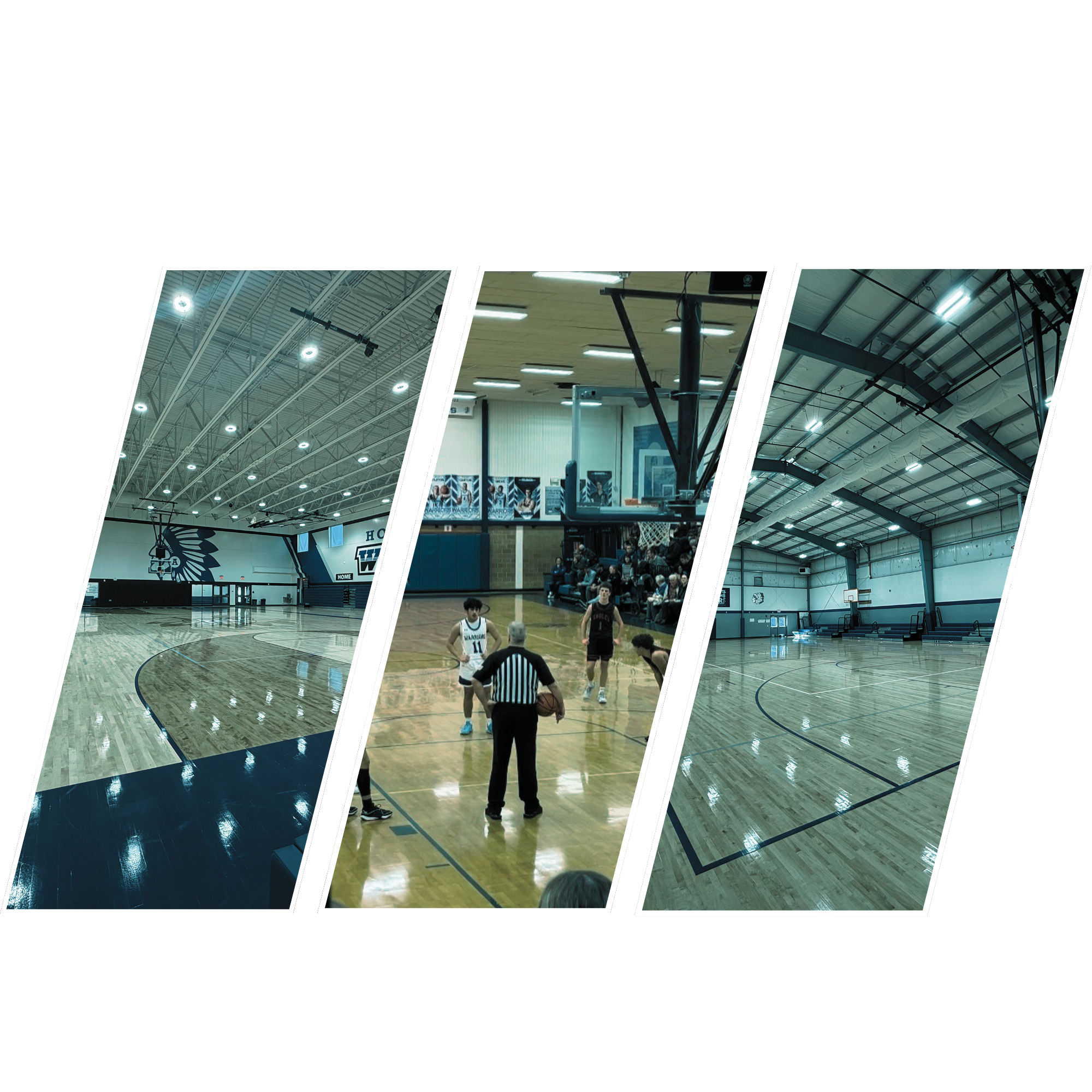 Three gym basketball facility at Amity School campus in Oregon showing multiple courts used for sports tournaments and community athletic events.