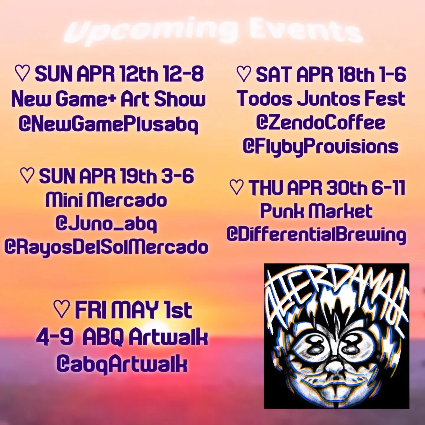 Coming back this season with handmade earrings, keychains, zines, and prints! I've made a lot to share, hope you'll come support me and the local art community at any of our upcoming events!

Sun Apr 12th 12-8
@newgameplusabq Community Art Show

Sat 