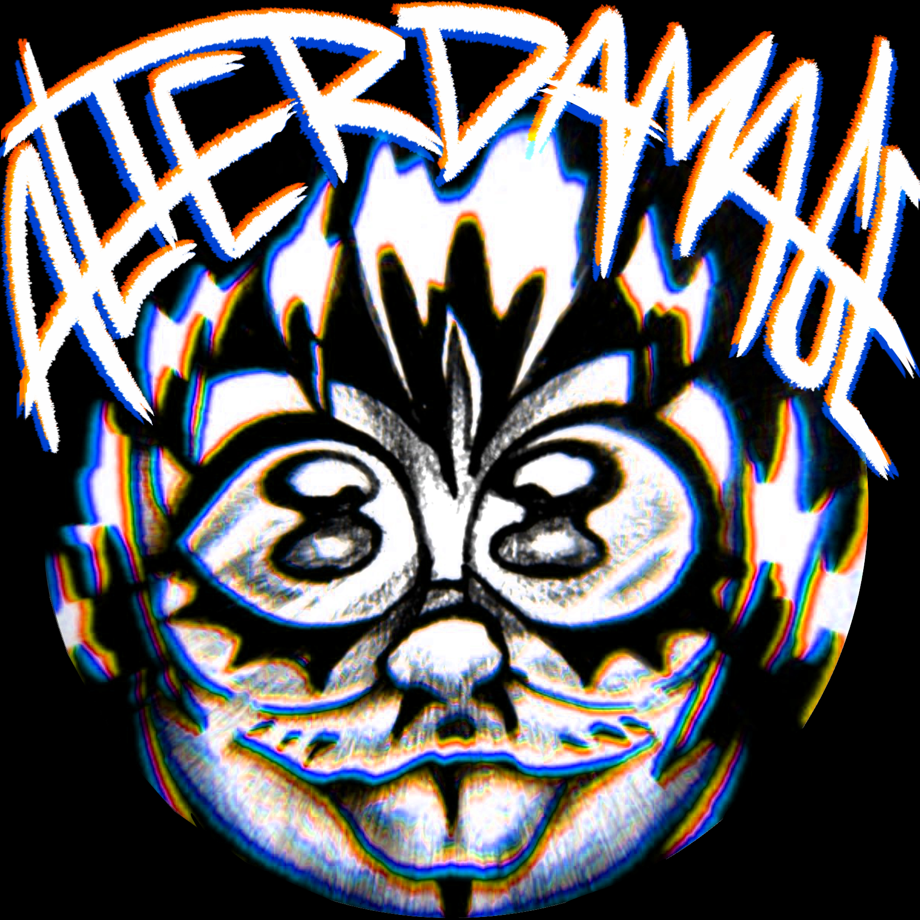 A stylized black and white owl illustration with bold lines, surrounded by colorful, distorted rainbow-like glow effects.