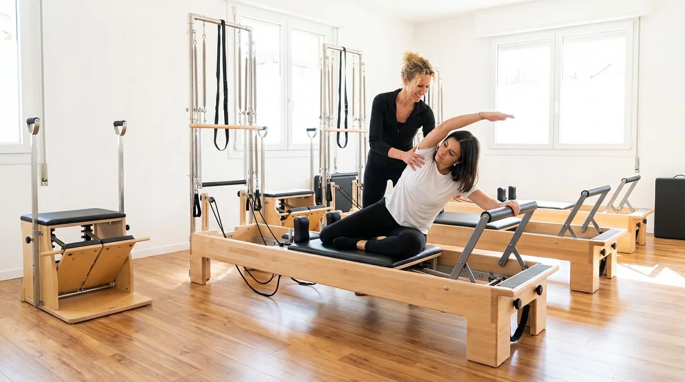 Une femme reçoit un cours de Pilates d'une instructrice dans un studio lumineux avec du matériel en bois, incluant un reformer Pilates.