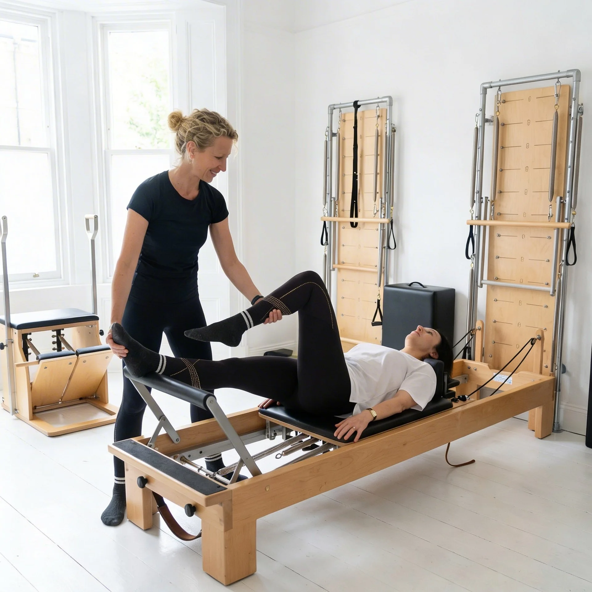 Une femme effectue une rééducation physique avec une thérapeute dans une salle claire et minimaliste équipée de dispositifs de réadaptation