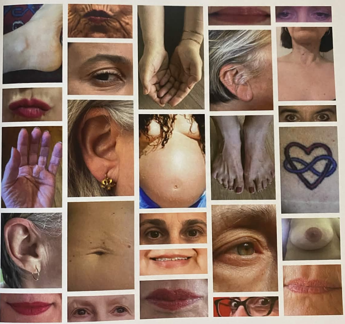 Collage of various close-up images of human body parts, including eyes, ears, lips, hand, feet, and torso, as well as a tattoo of a heart with an infinity symbol, and a pregnant belly.