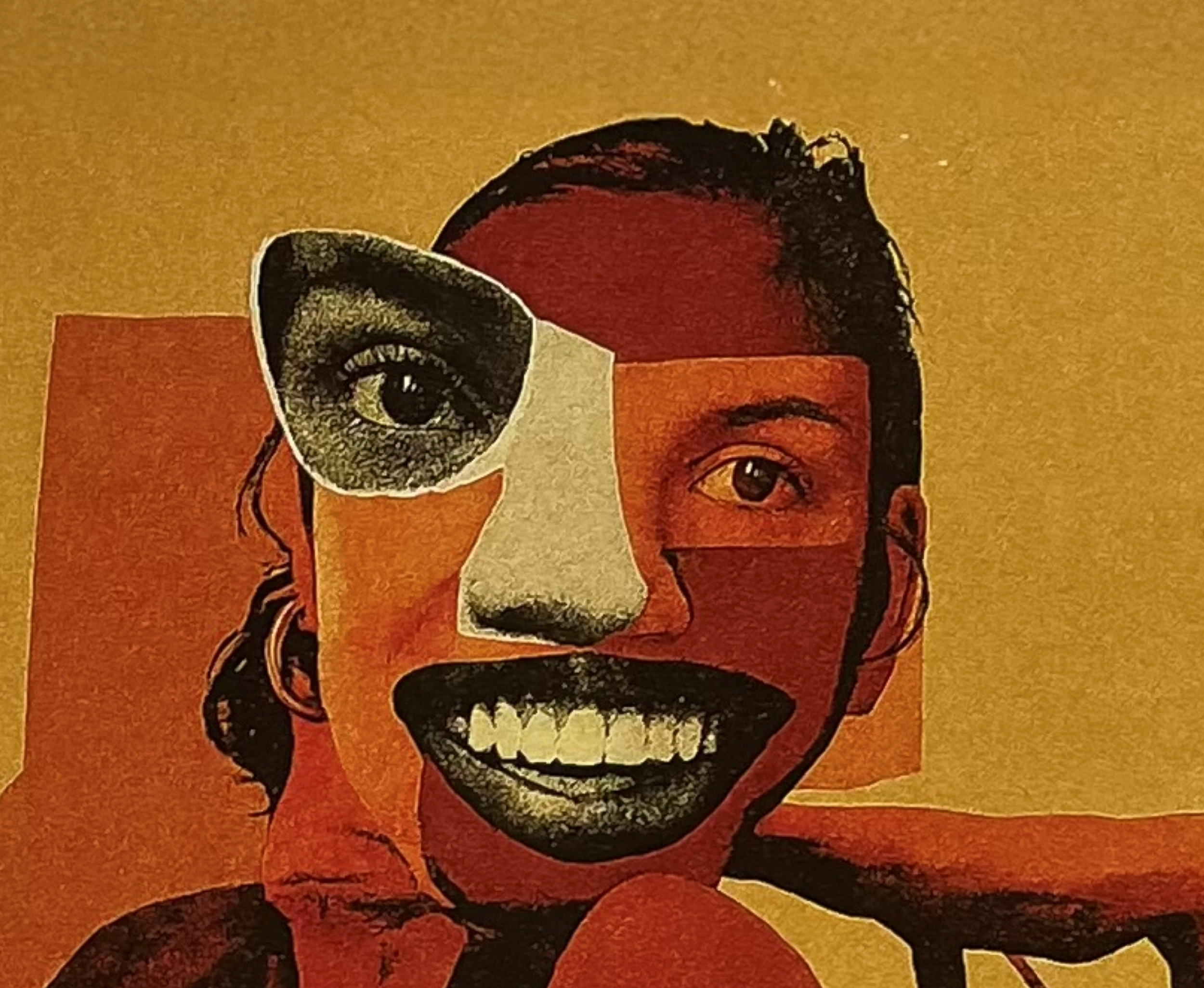 Collage of a woman's face composed of cut-out magazine images, including a large eye, a smile with visible teeth, and various colored shapes on a yellow background.