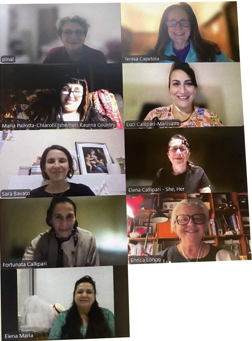 Screenshot of a virtual meeting featuring nine women, each in their own video window, smiling and looking at the camera. Names and some details are visible under some participants' windows.