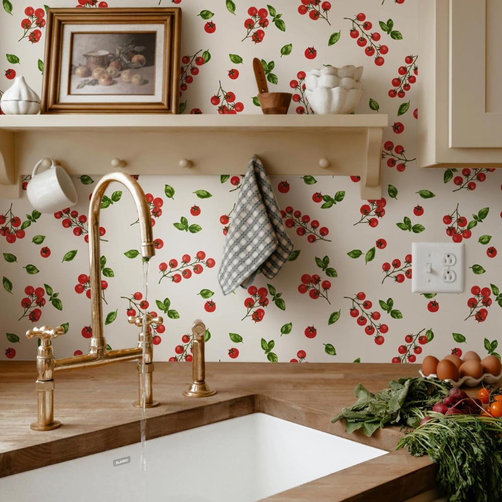 Fun Tomatoes and Basil Print for Cottagecore Interiors and a Fresh Summer Look