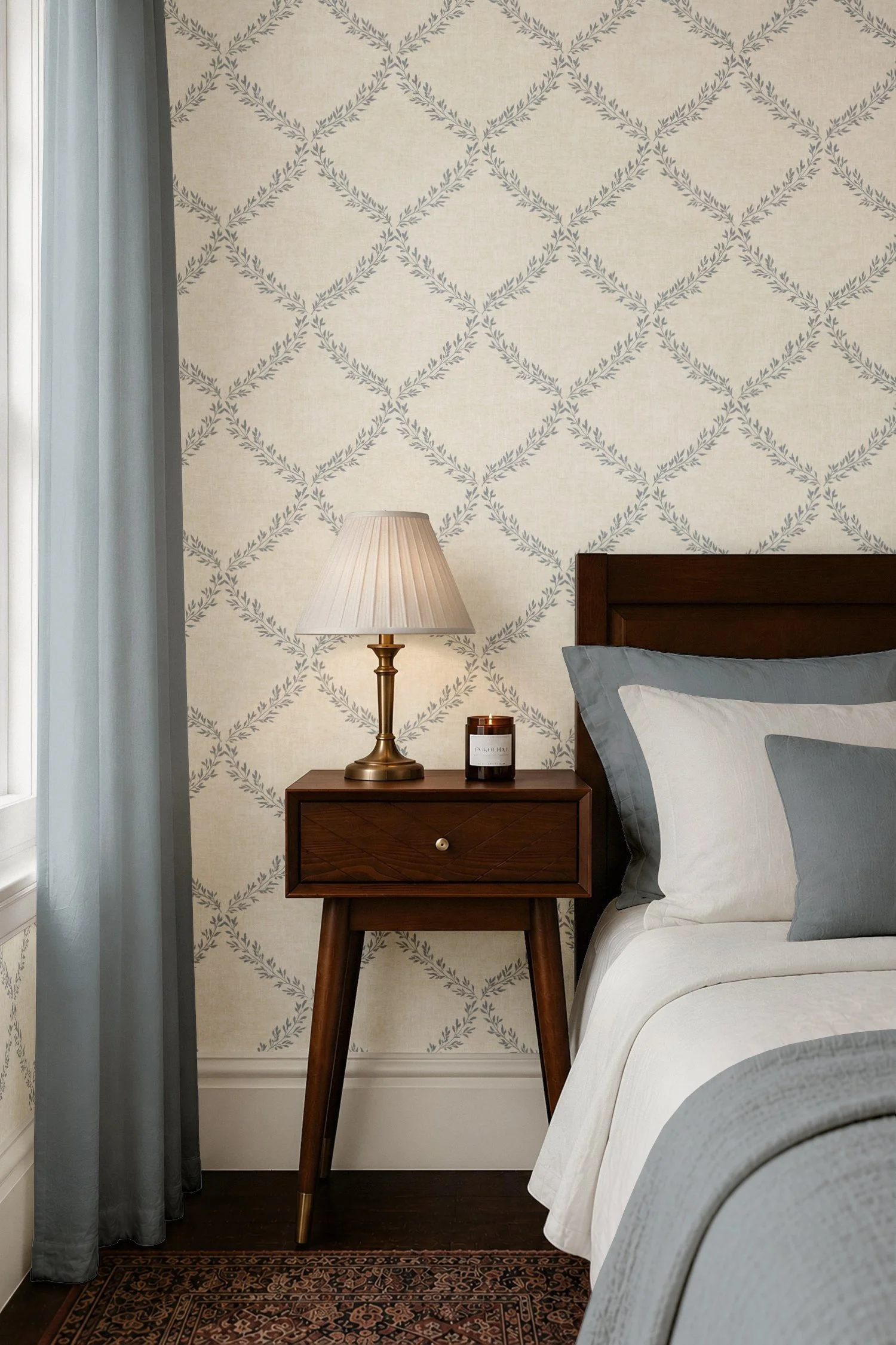 Adelaide botanical wallpaper styled in a bedroom