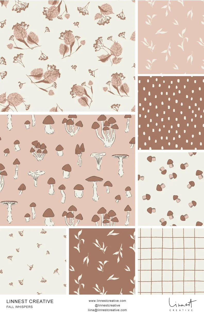 Earthy boho fall seamless pattern collection featuring hand-drawn mushrooms, autumn botanicals, delicate leaves, organic dots and checks in blush pink, cream and mocha brown.