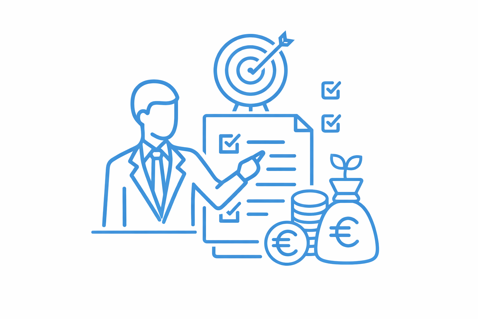 İş insanı ve finansal planlama simgeleri, para ve büyüme ile ilgili çizim.