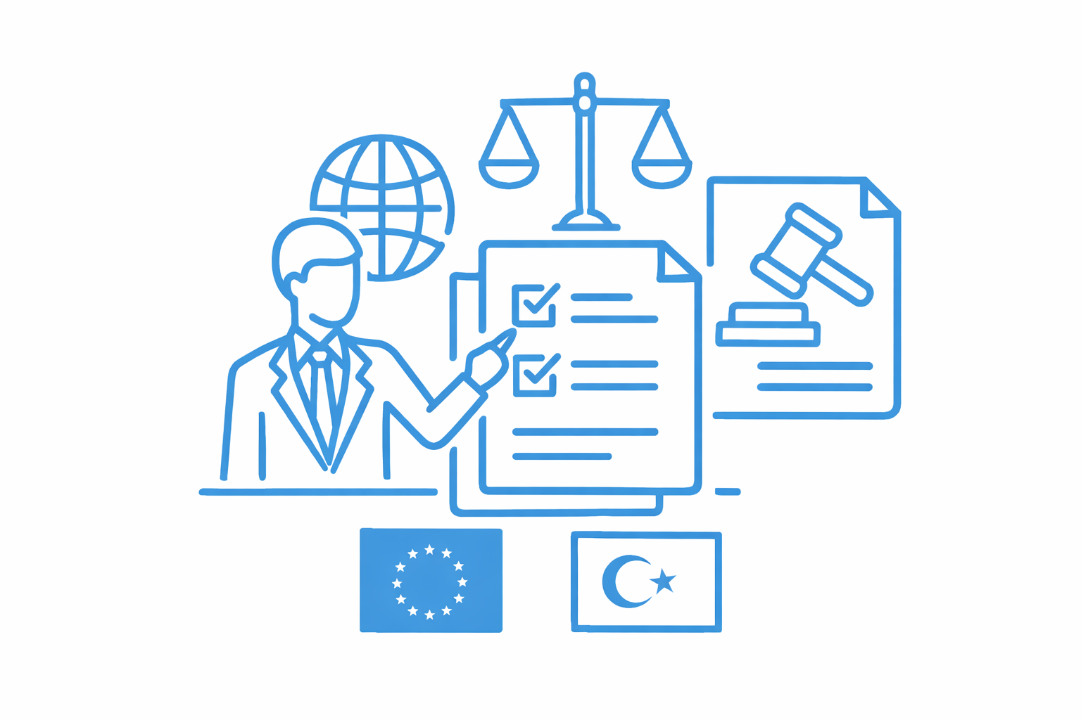 Hukuk ve uluslararası ilişkilerle ilgili semboller, bir avukat, deniz küresi, dünya haritası, denge terazisi, yasa ve mahkeme ile ilgili ikonlar ve Avrupa Birliği ile Türkiye bayrakları.